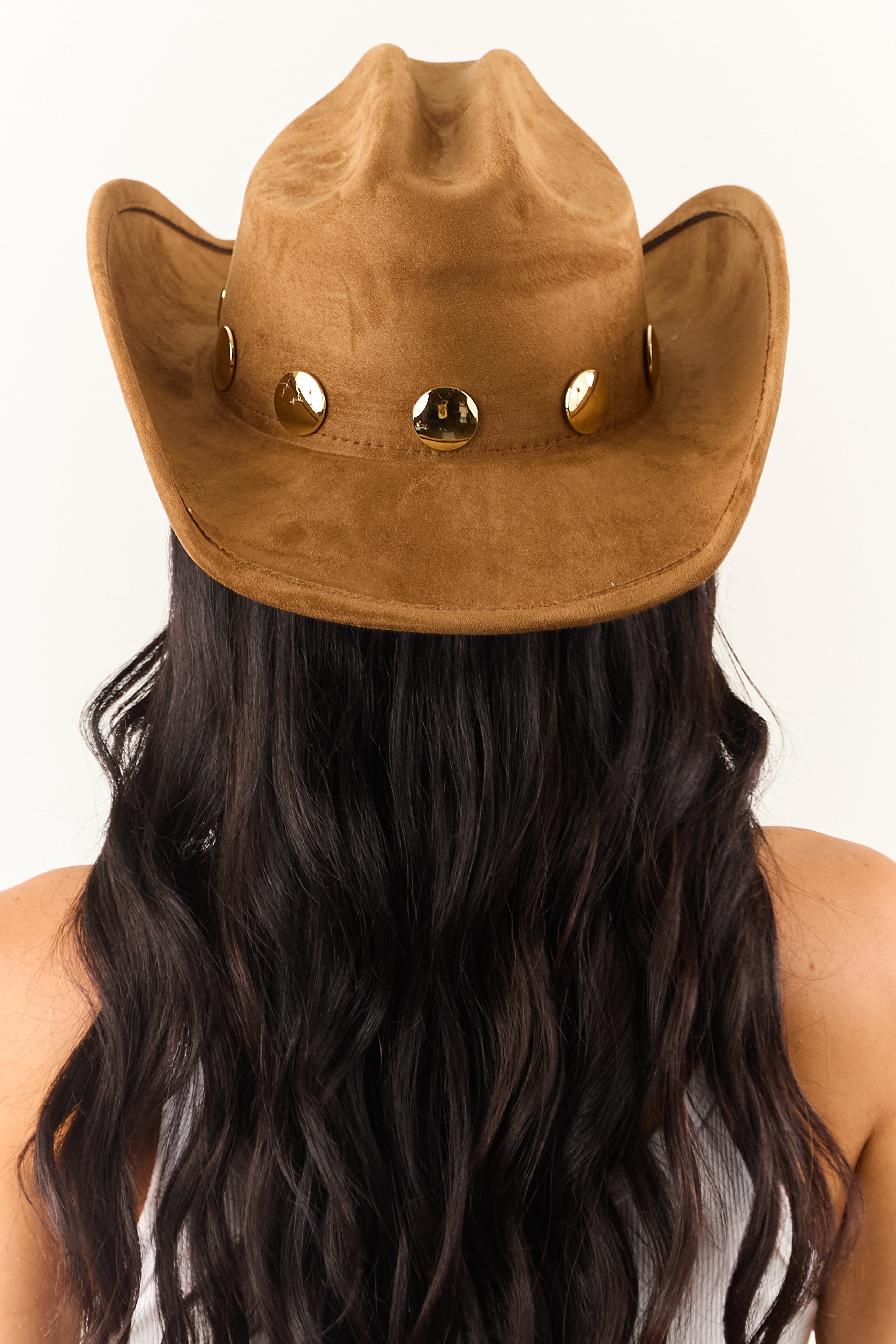 Sepia Faux Suede Gold Disc Cowboy Hat