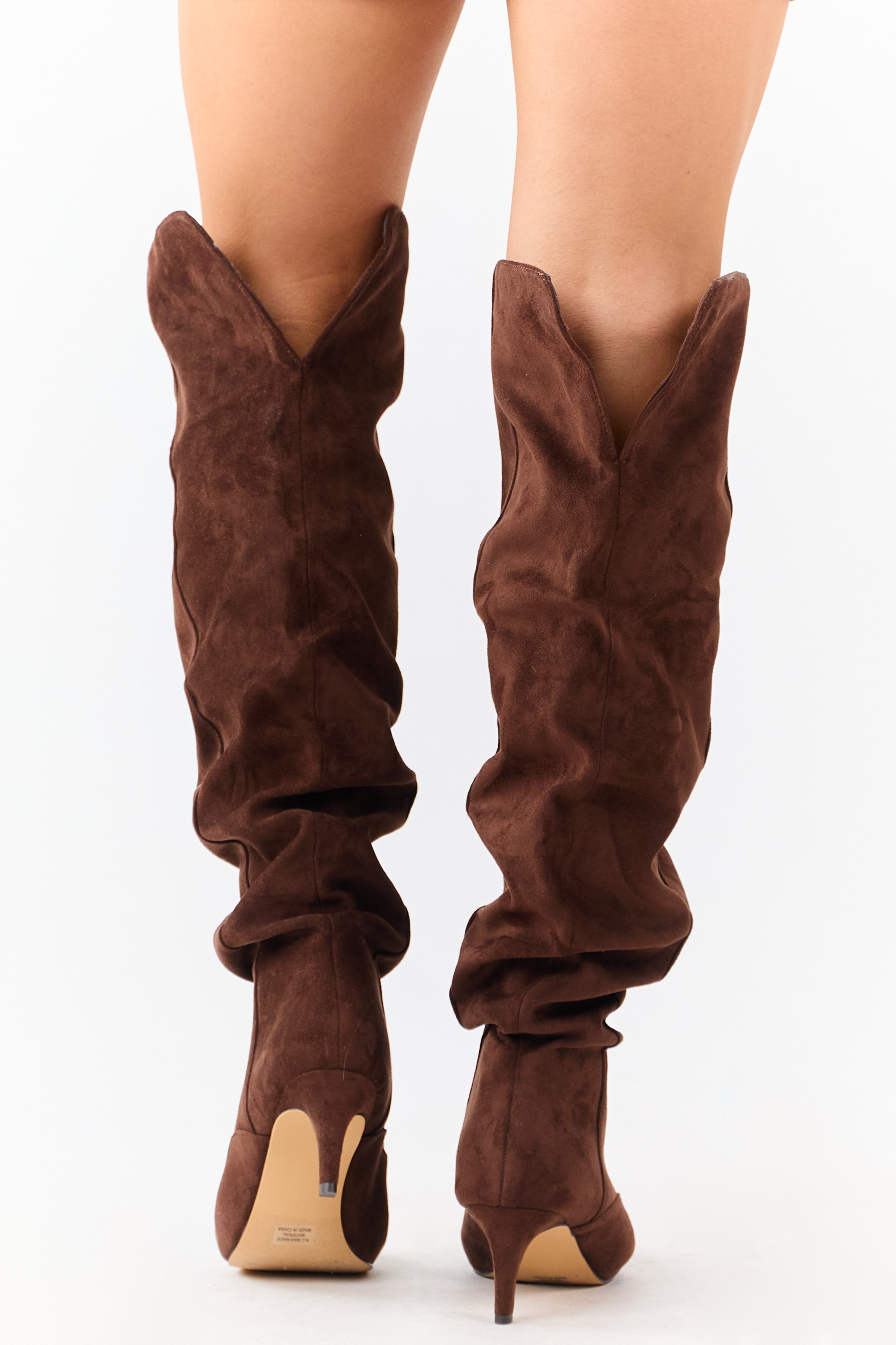 Sepia Faux Suede Low Stiletto Heel Slouchy Boots