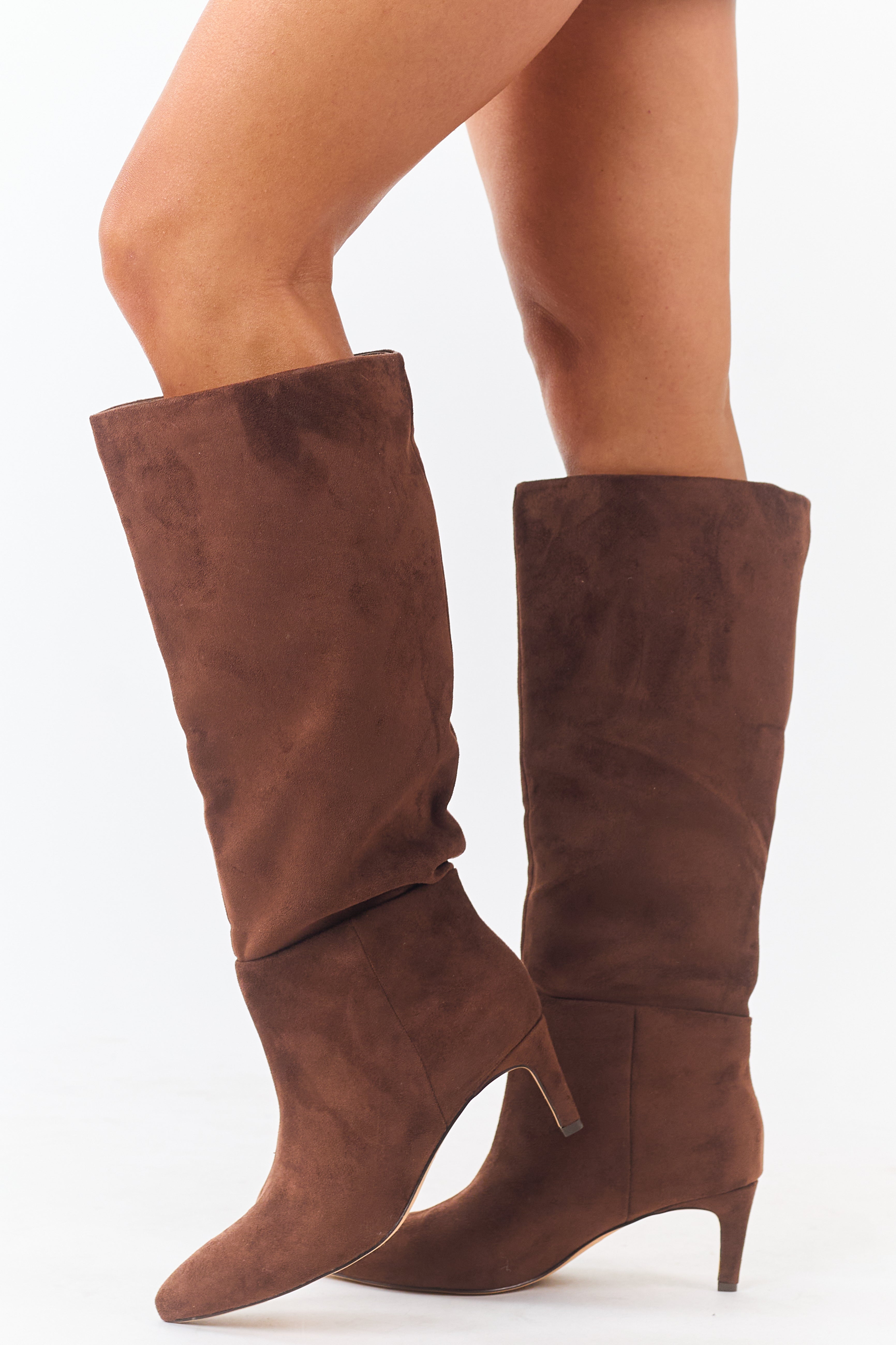 Sepia Faux Suede Pointed Toe Heeled Boots