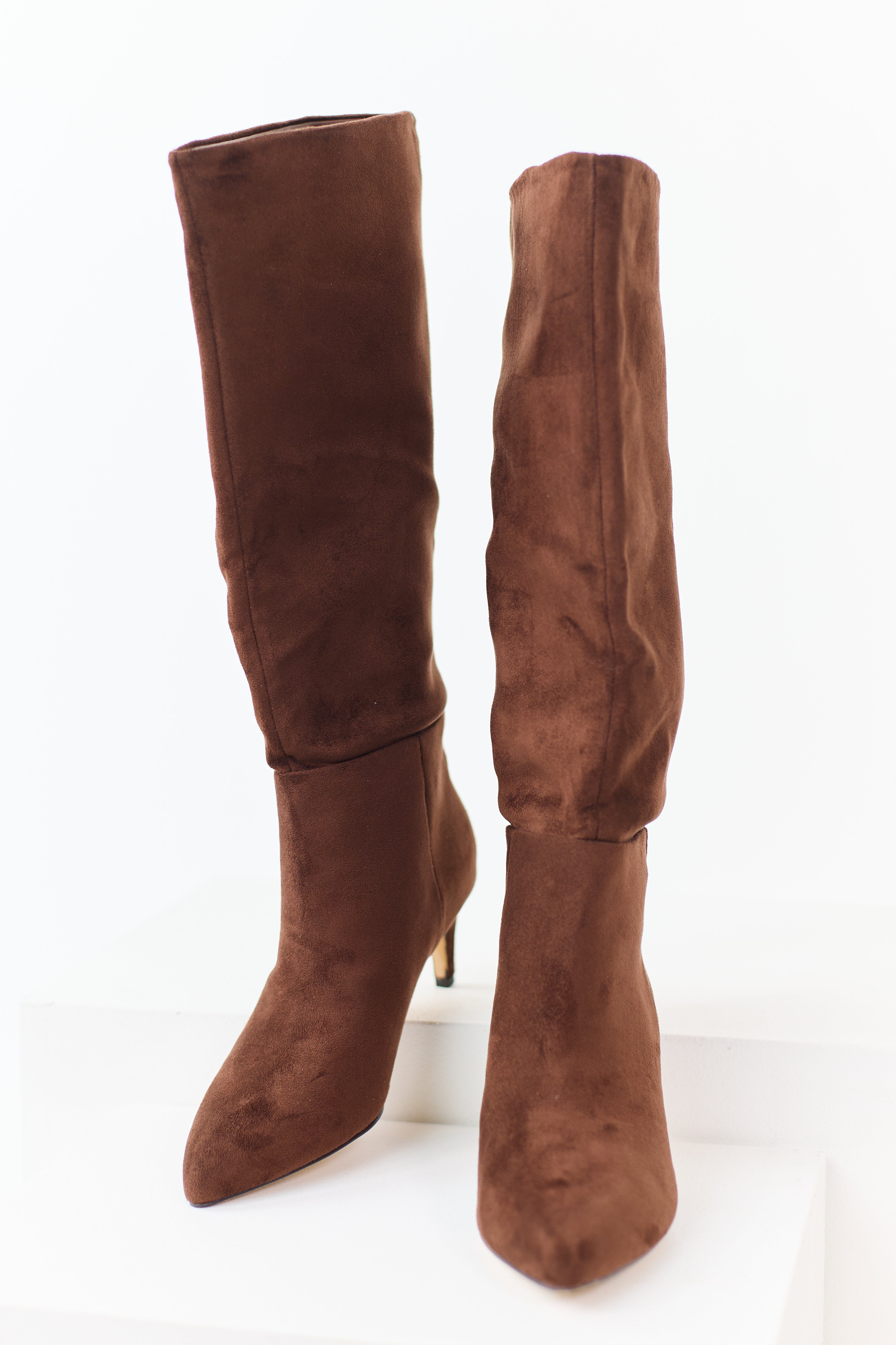 Sepia Faux Suede Pointed Toe Heeled Boots