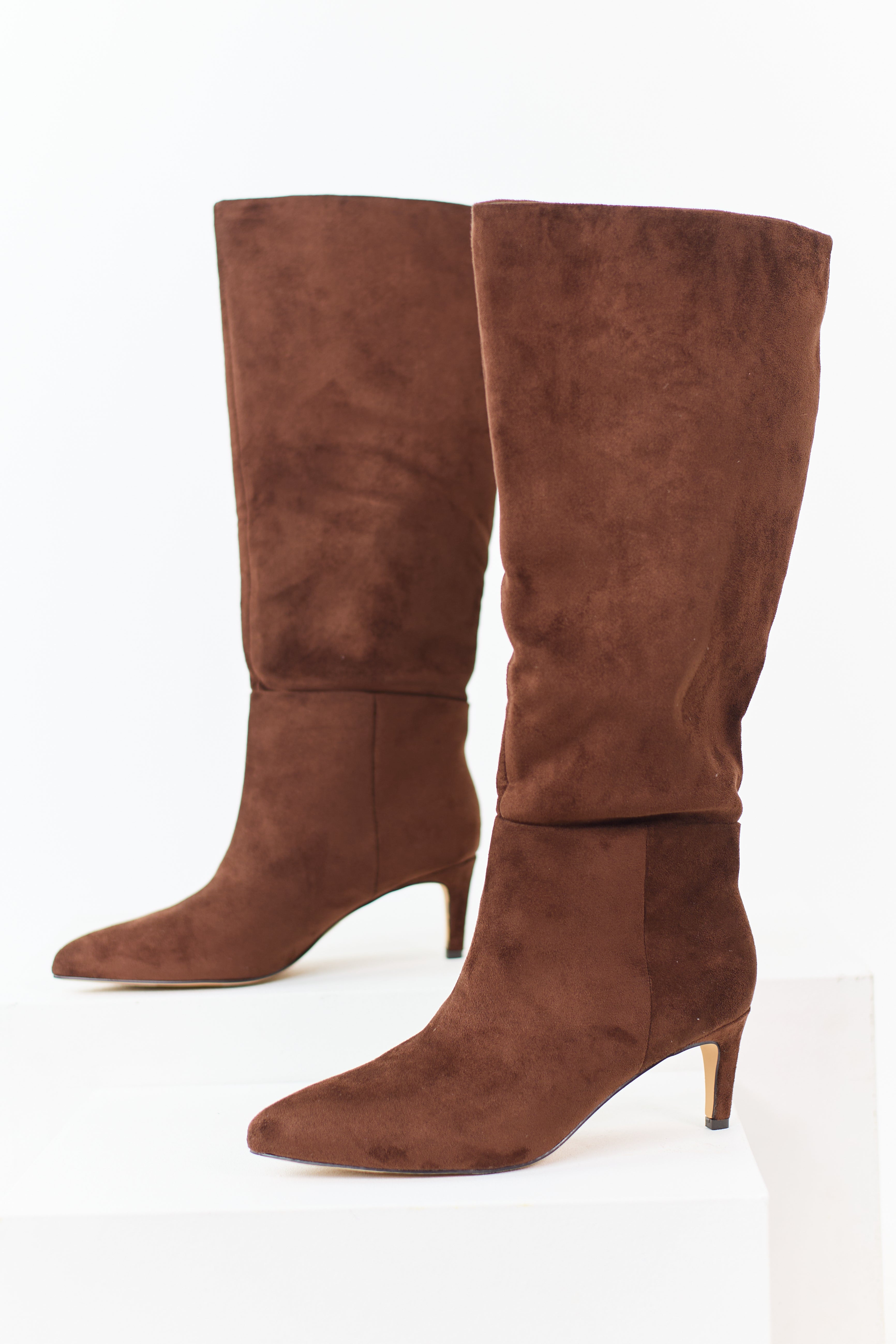 Sepia Faux Suede Pointed Toe Heeled Boots
