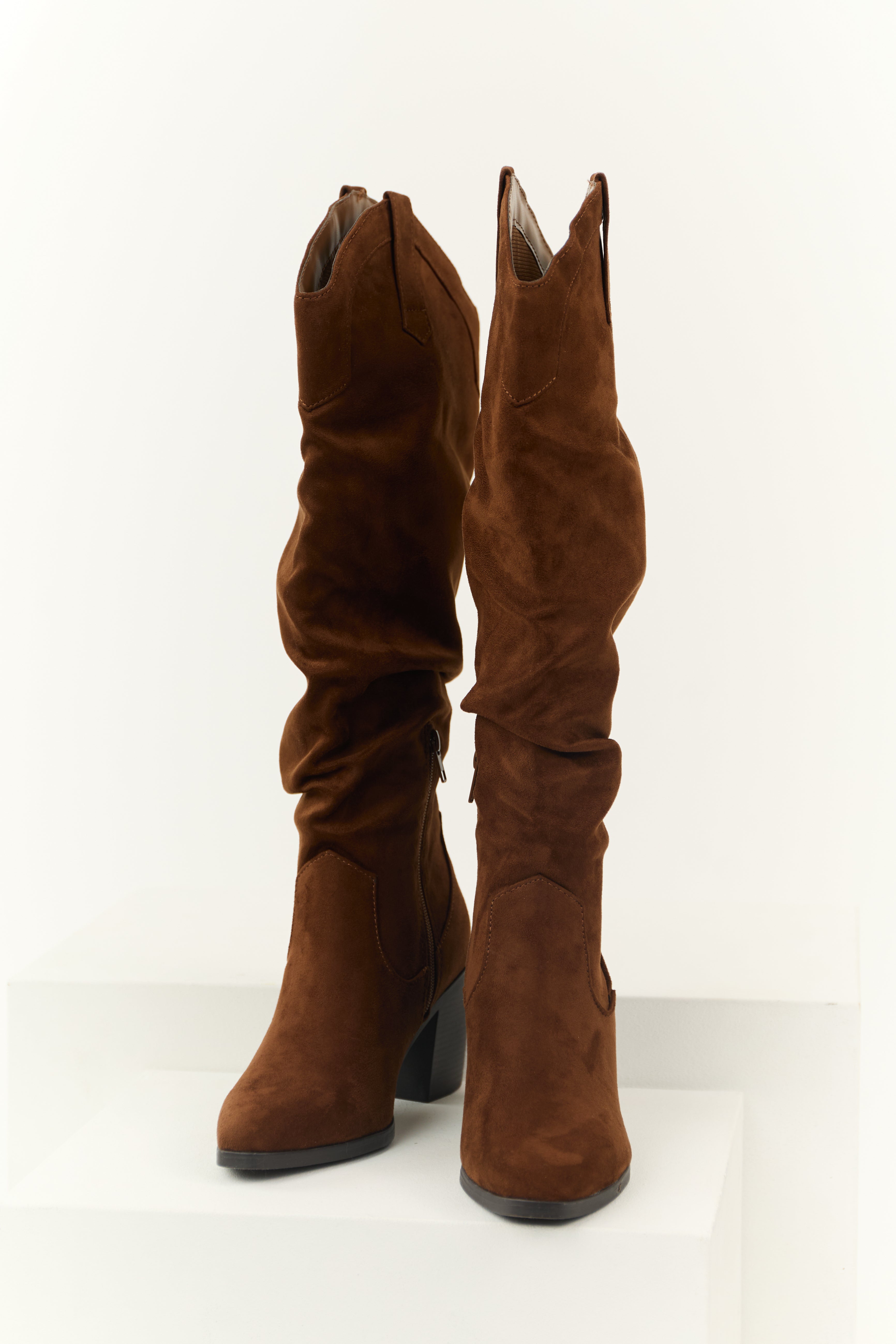 Sepia Faux Suede Slouchy Knee High Heeled Boots | Lime Lush Boutique