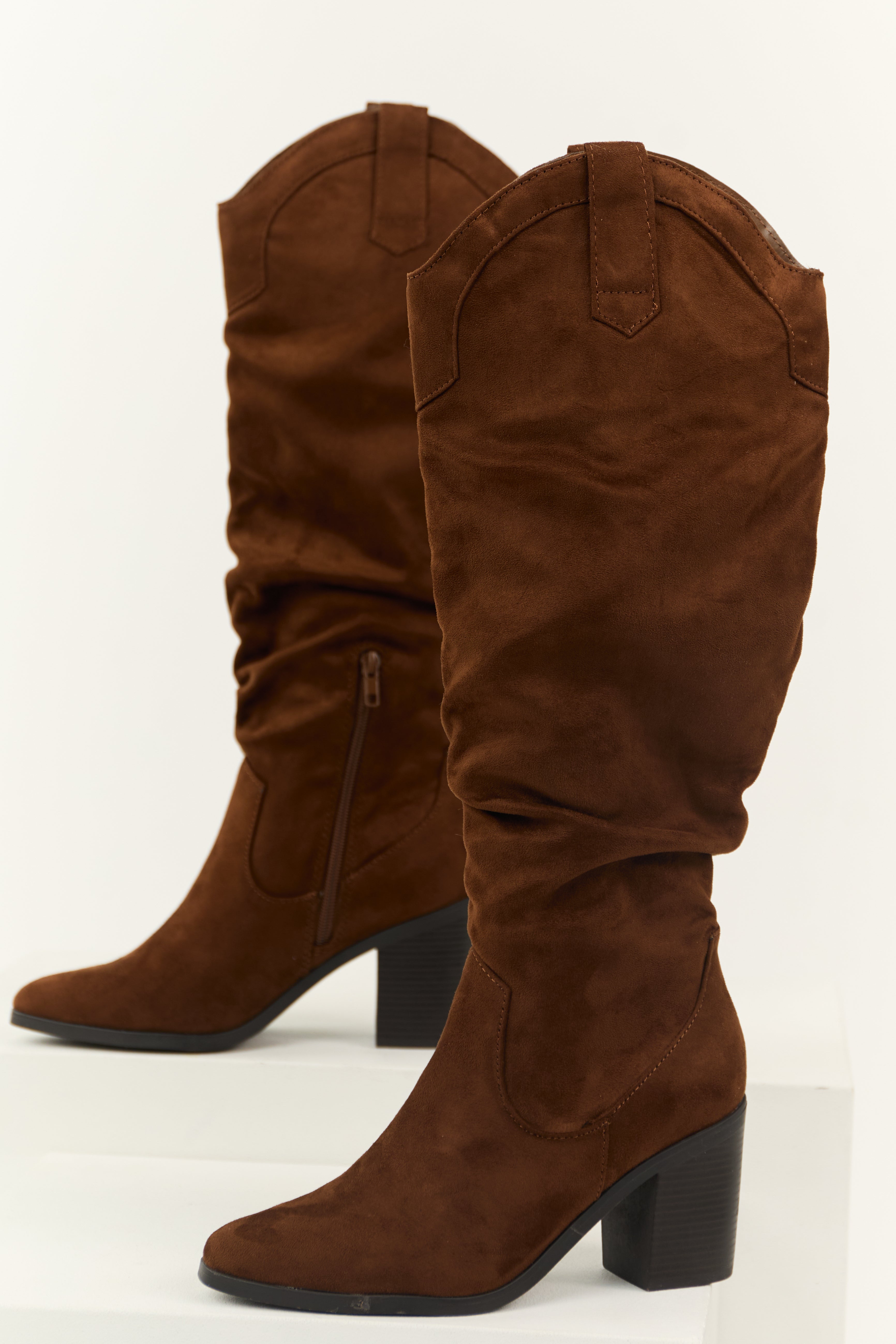 Sepia Faux Suede Slouchy Knee High Heeled Boots | Lime Lush Boutique