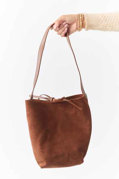 Sepia Faux Suede Tote Bag with Drawstring Pouch