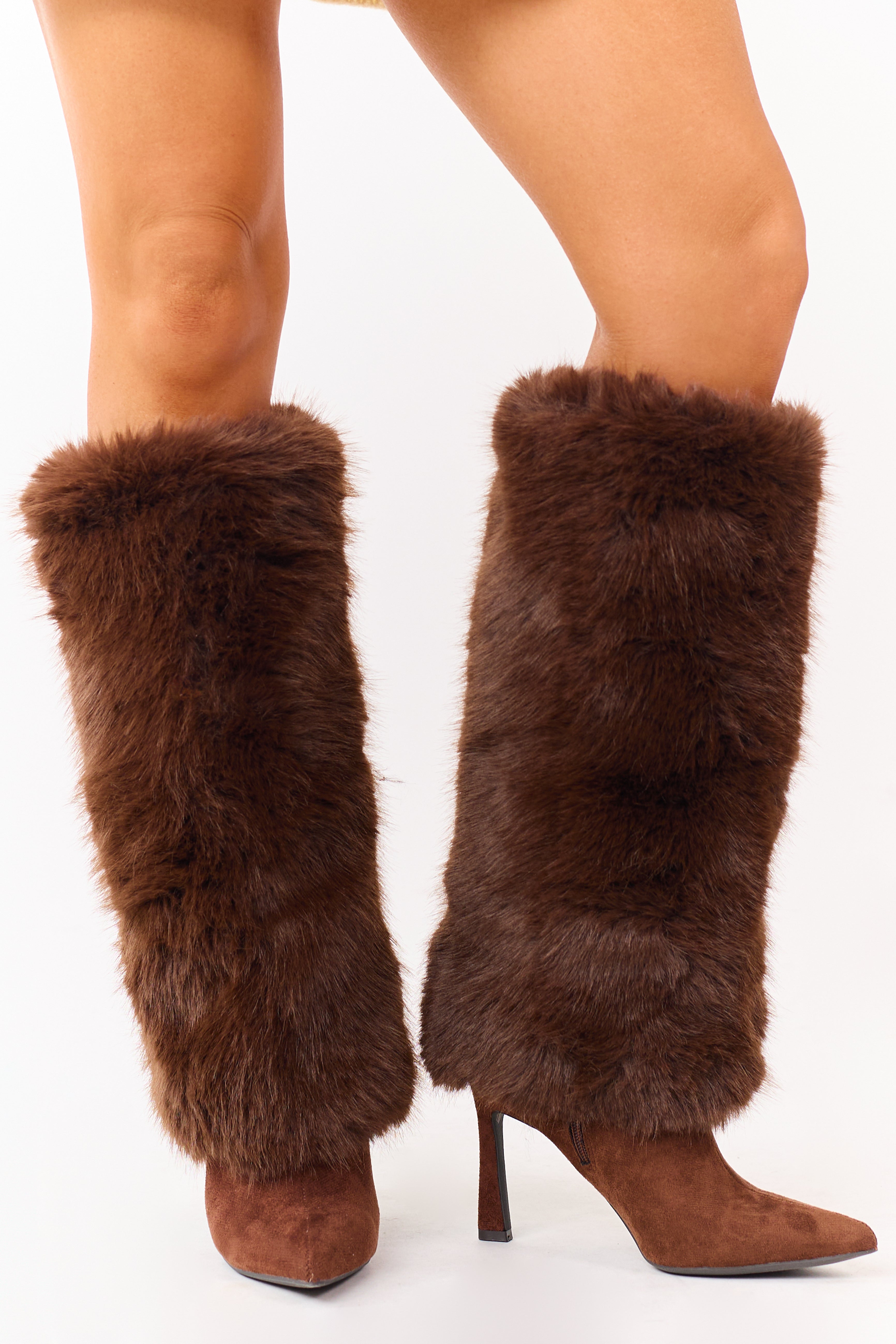 Sepia Microsuede Faux Fur Overlay Stiletto Boots