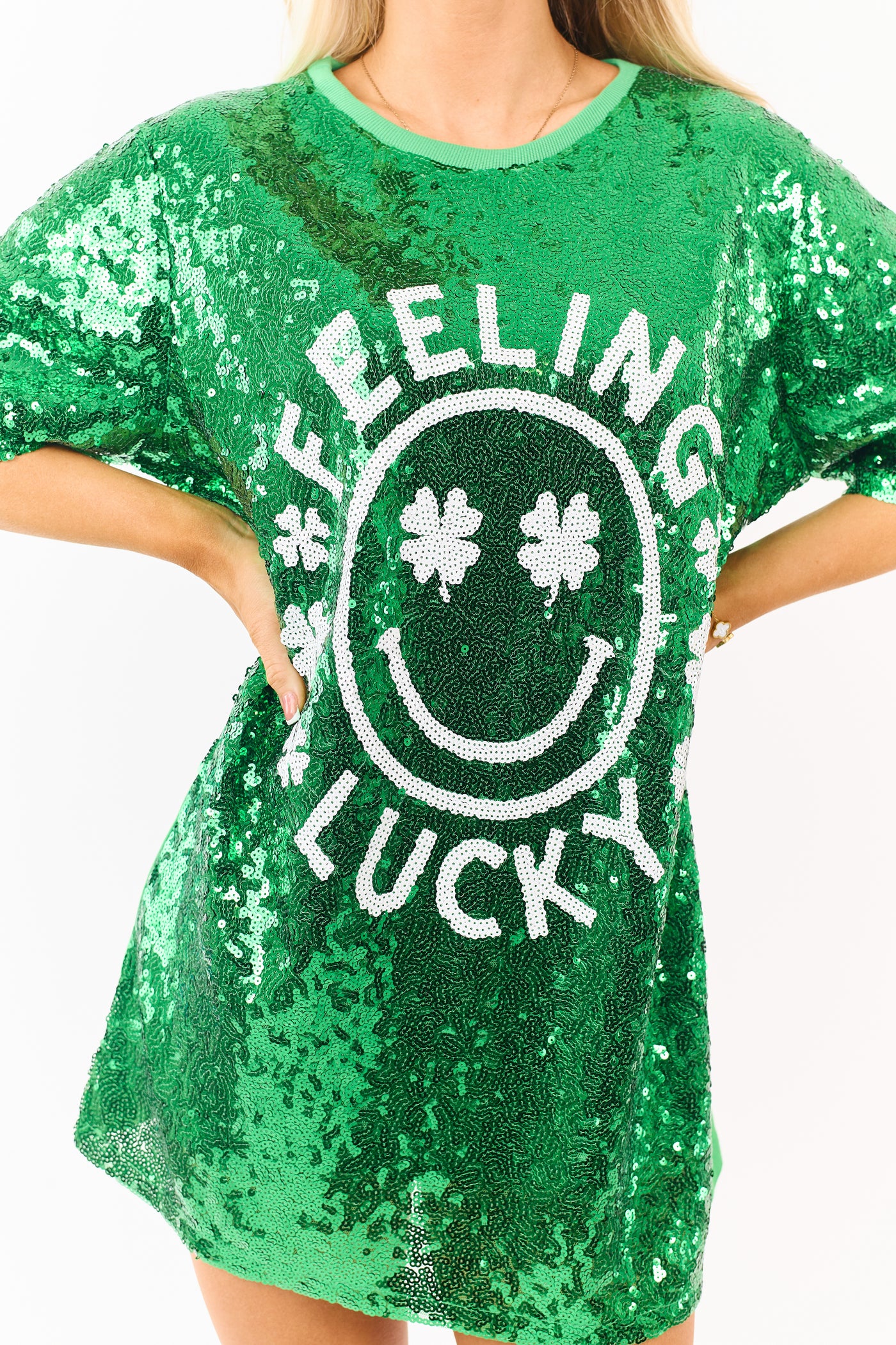 Shamrock 'Feeling Lucky' Graphic Sequin Tee Shirt Dress