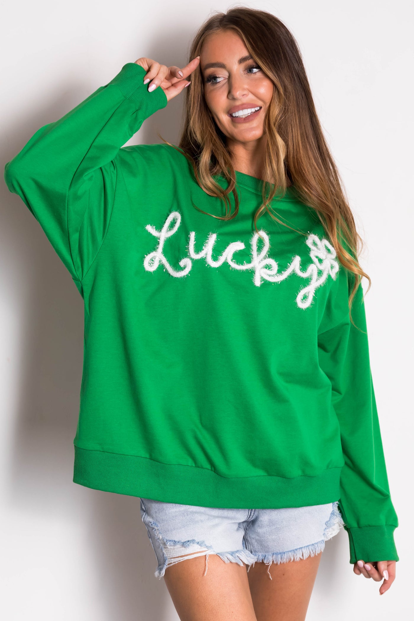 Shamrock 'Lucky' Tinsel Lettering Pullover Top