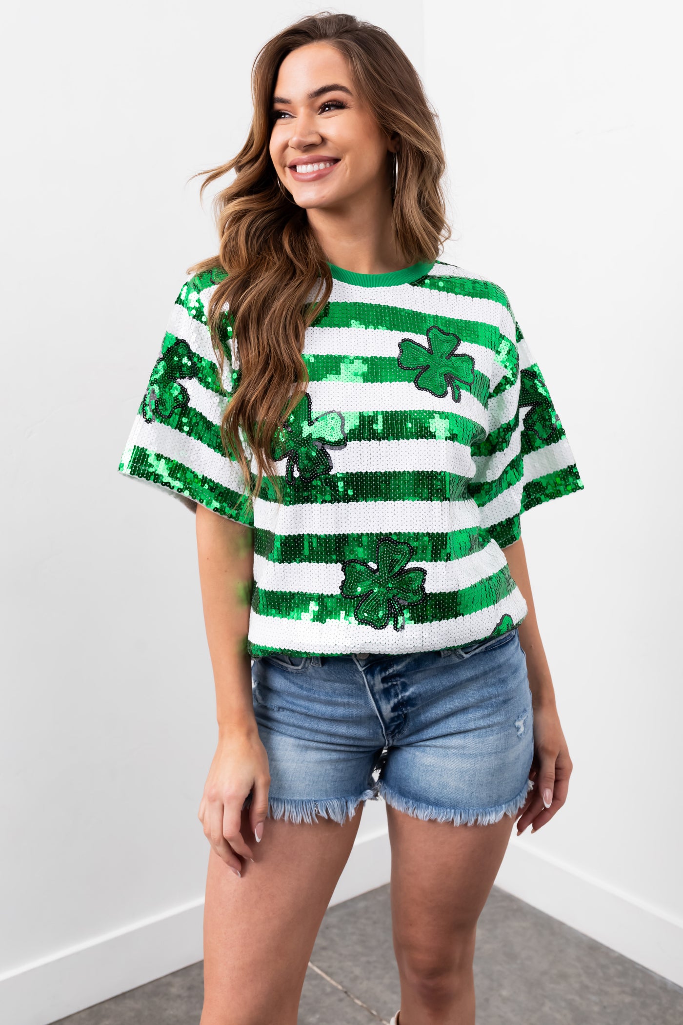 Shamrock and Off White Sequin Tunic Top