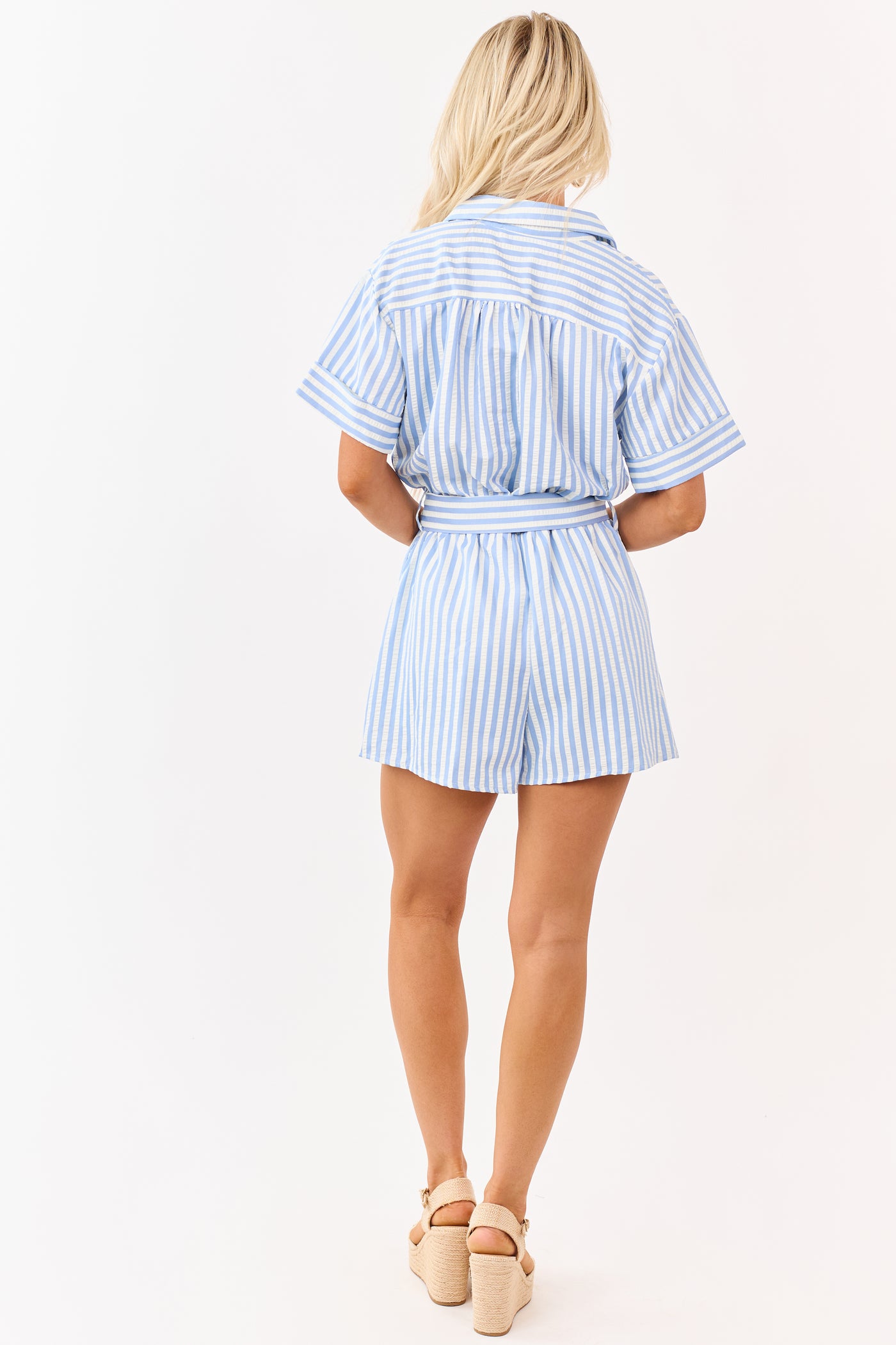 She+Sky Baby Blue and Cream Striped Buttoned Romper
