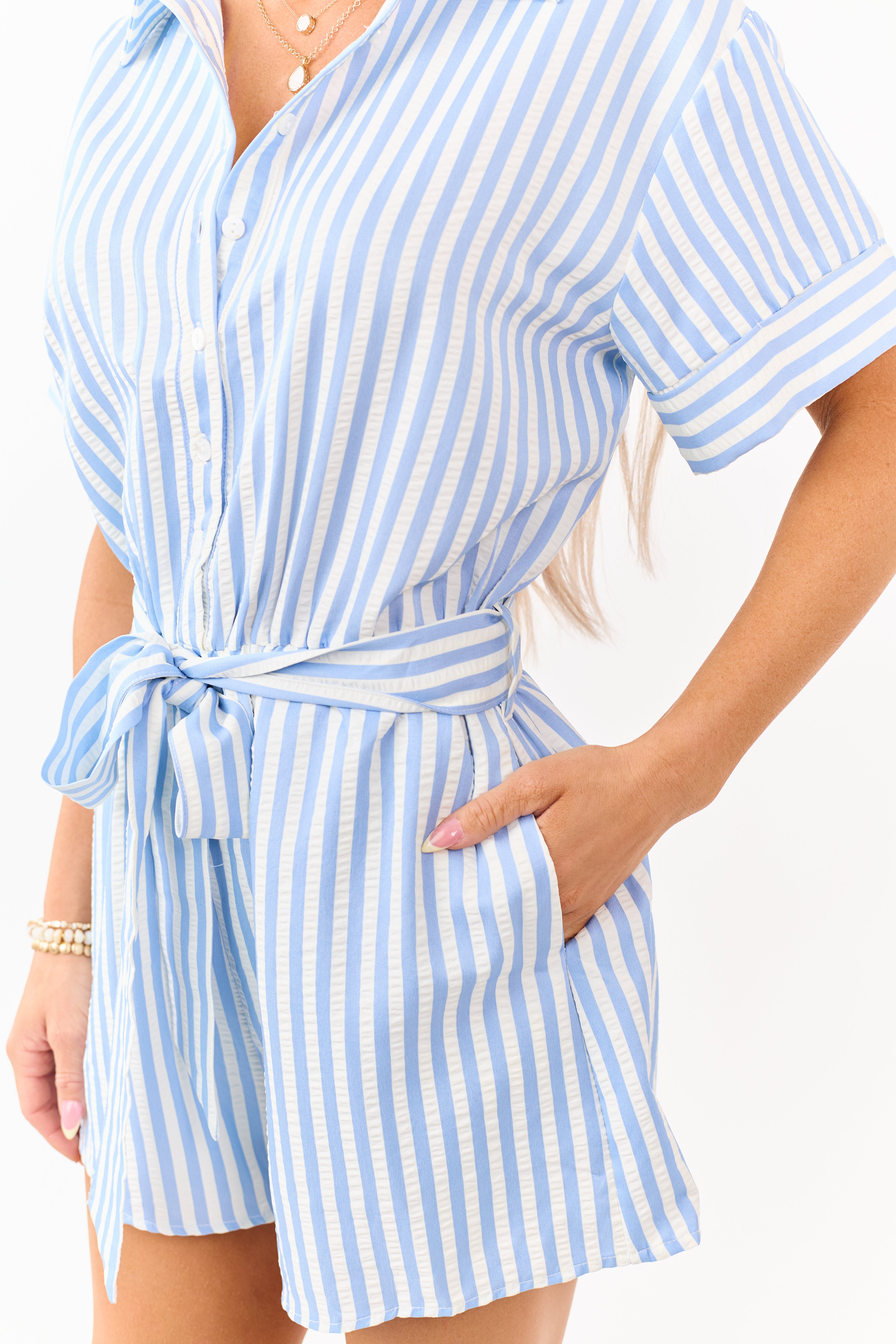 She+Sky Baby Blue and Cream Striped Buttoned Romper