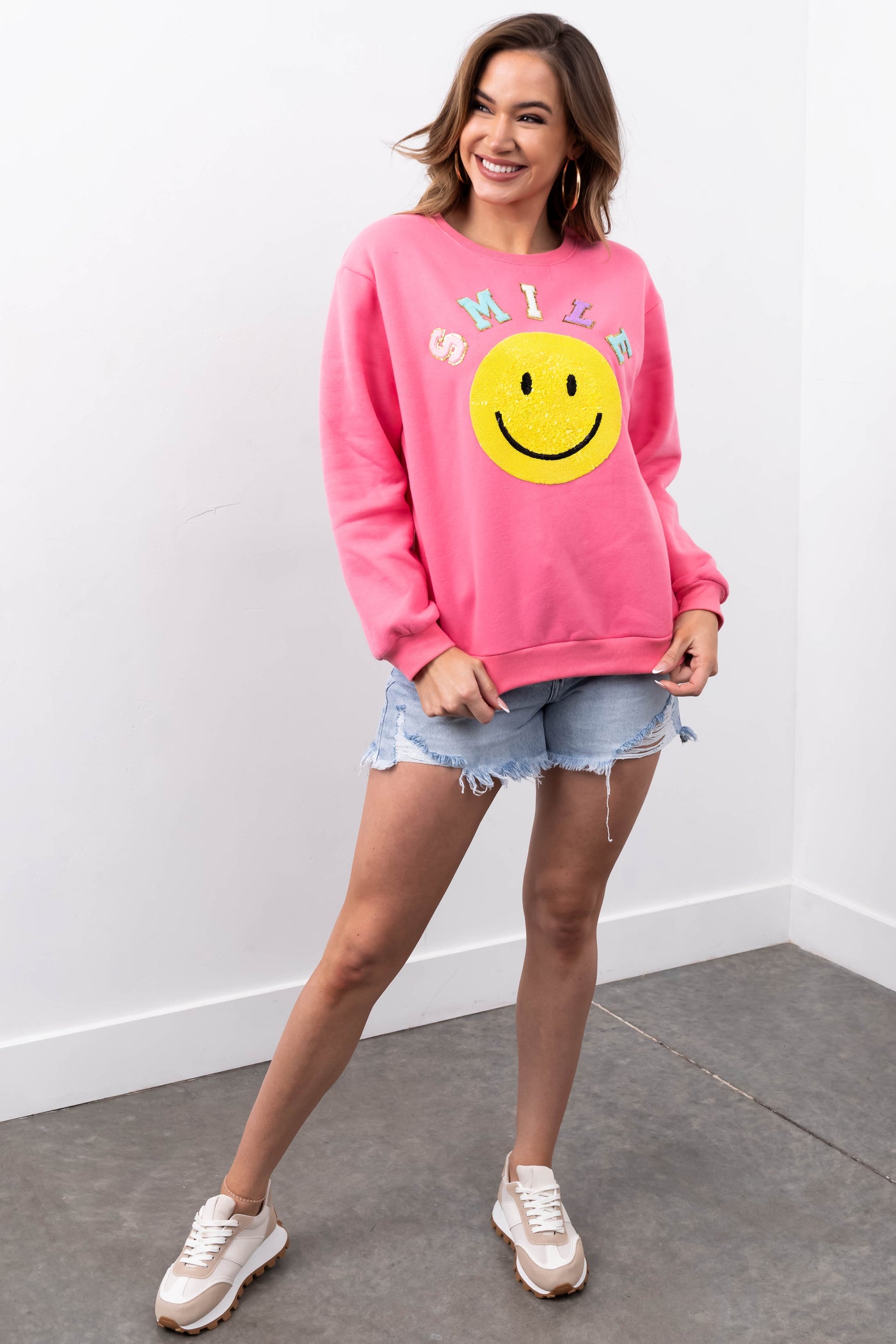 She+Sky Baby Pink 'Smile' Sequin Sweatshirt