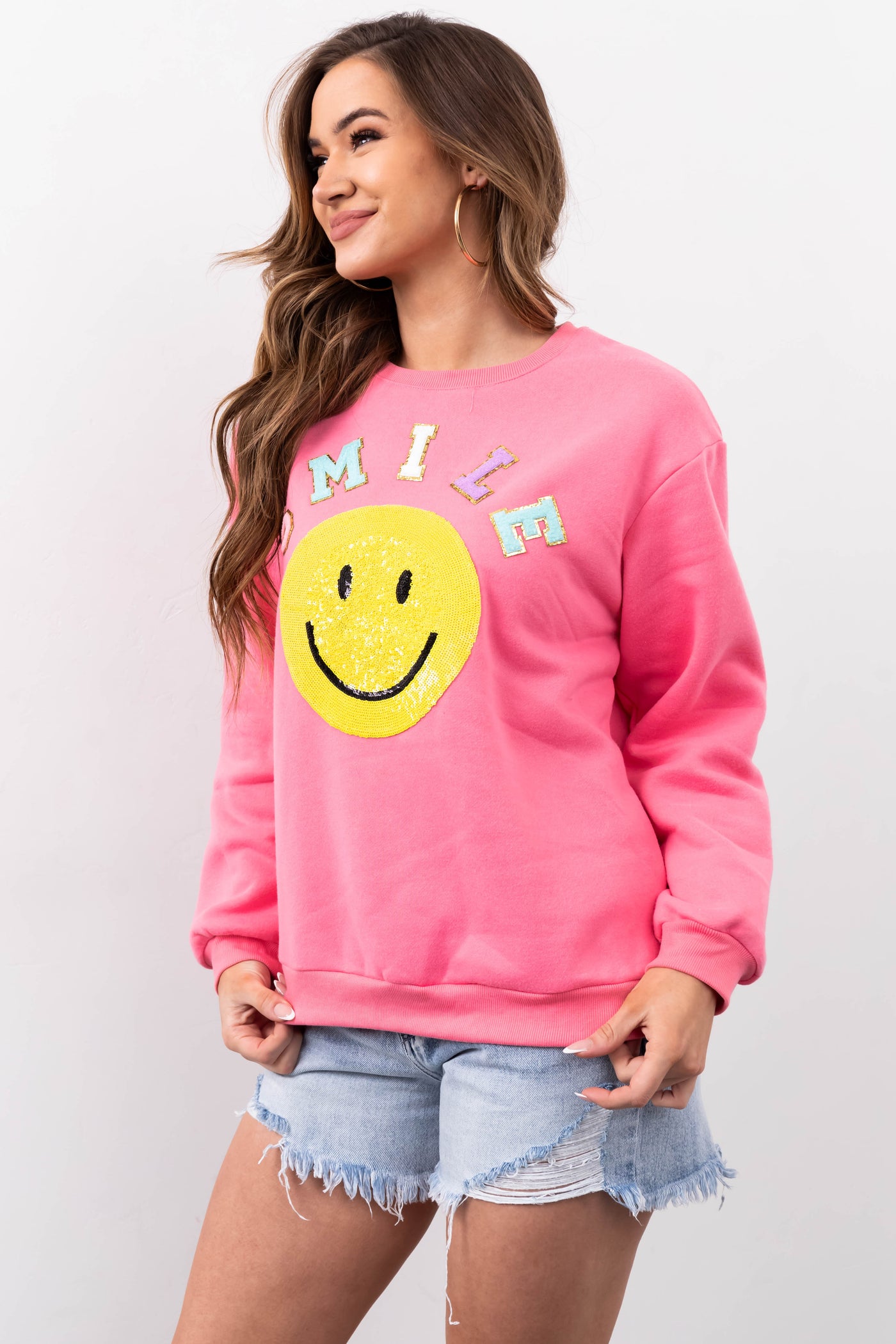 She+Sky Baby Pink 'Smile' Sequin Sweatshirt