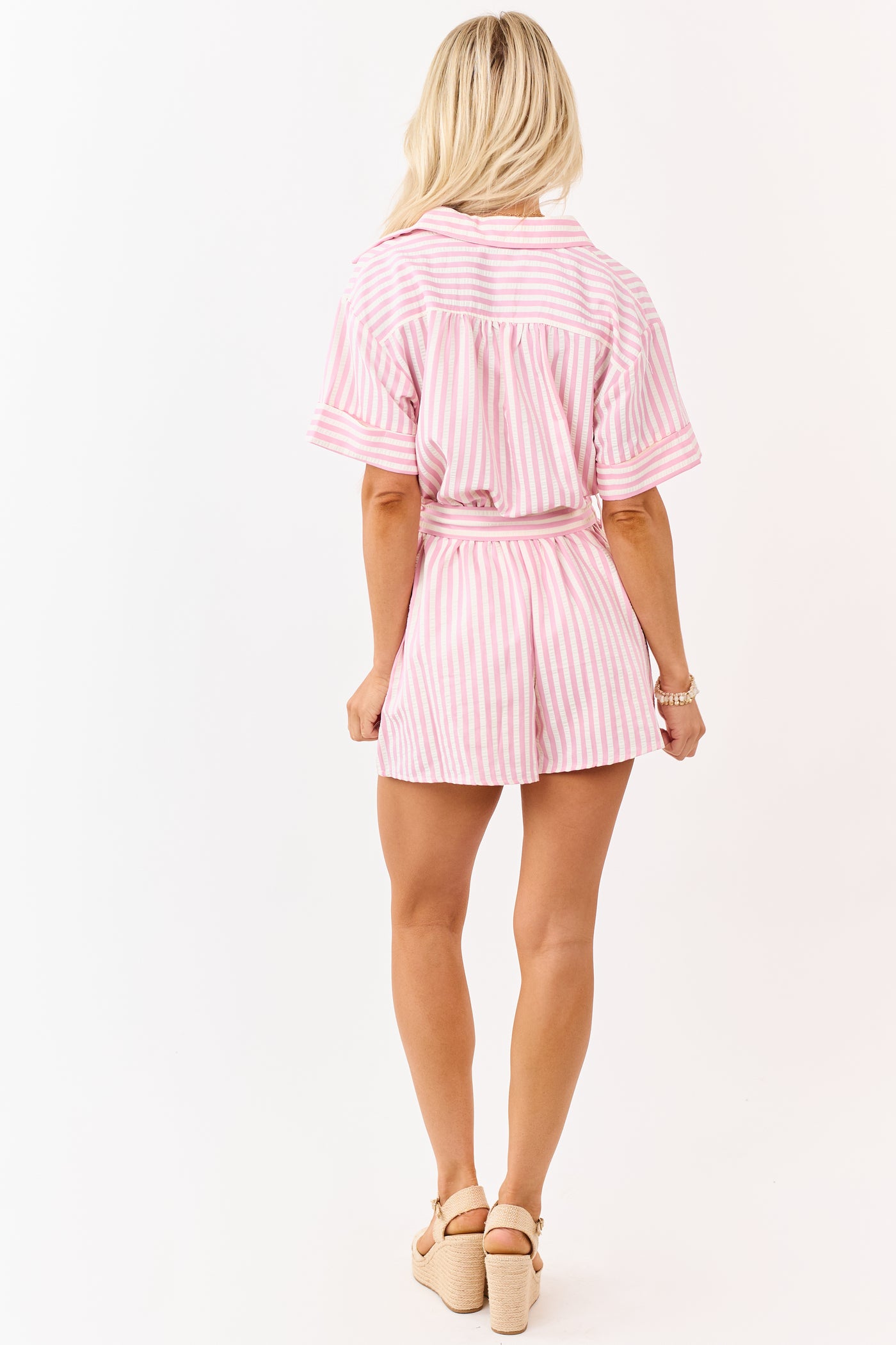 She+Sky Baby Pink and Cream Striped Buttoned Romper
