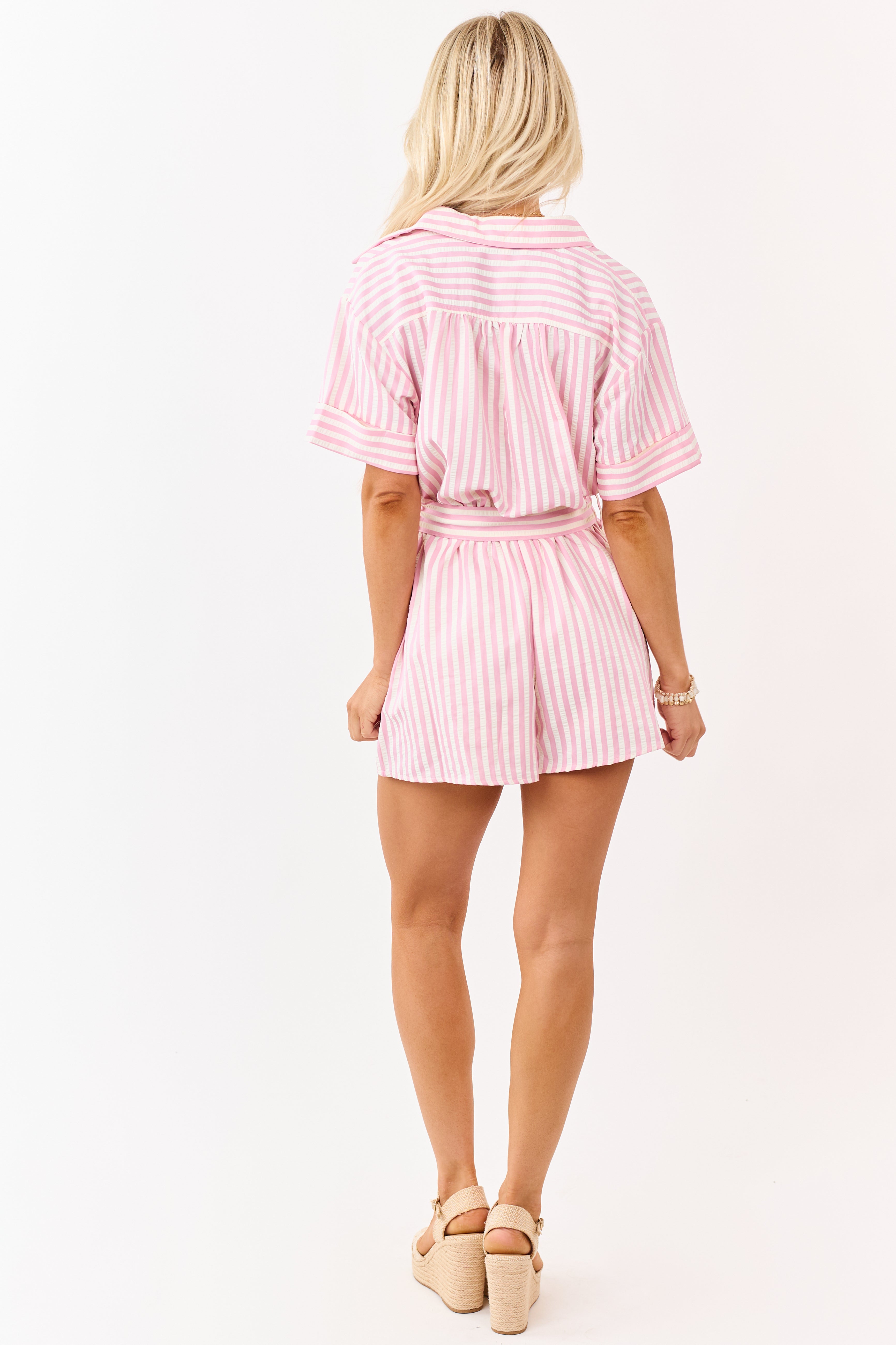She+Sky Baby Pink and Cream Striped Buttoned Romper