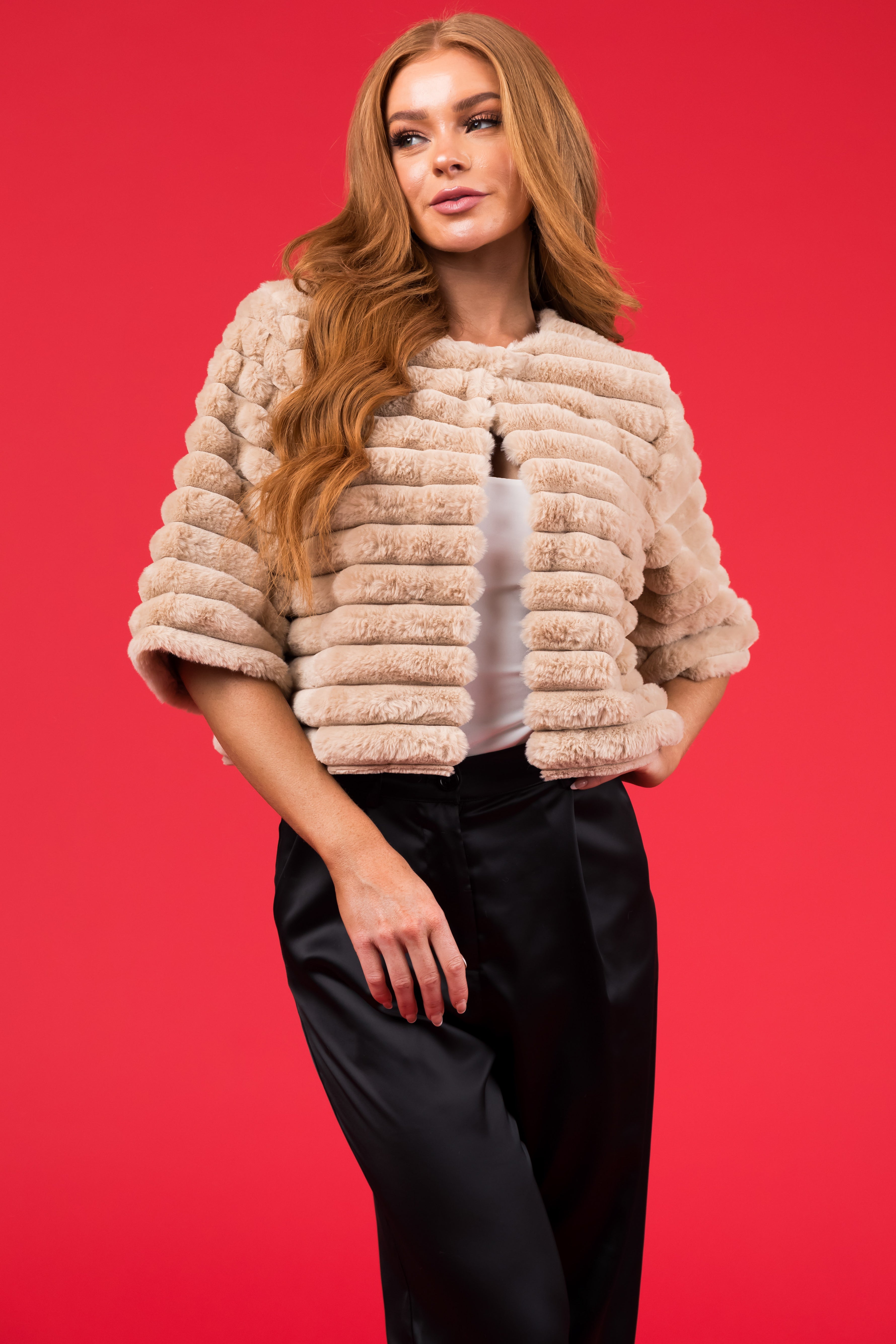 She+Sky Beige Faux Fur Half Sleeve Crop Jacket | Lime Lush