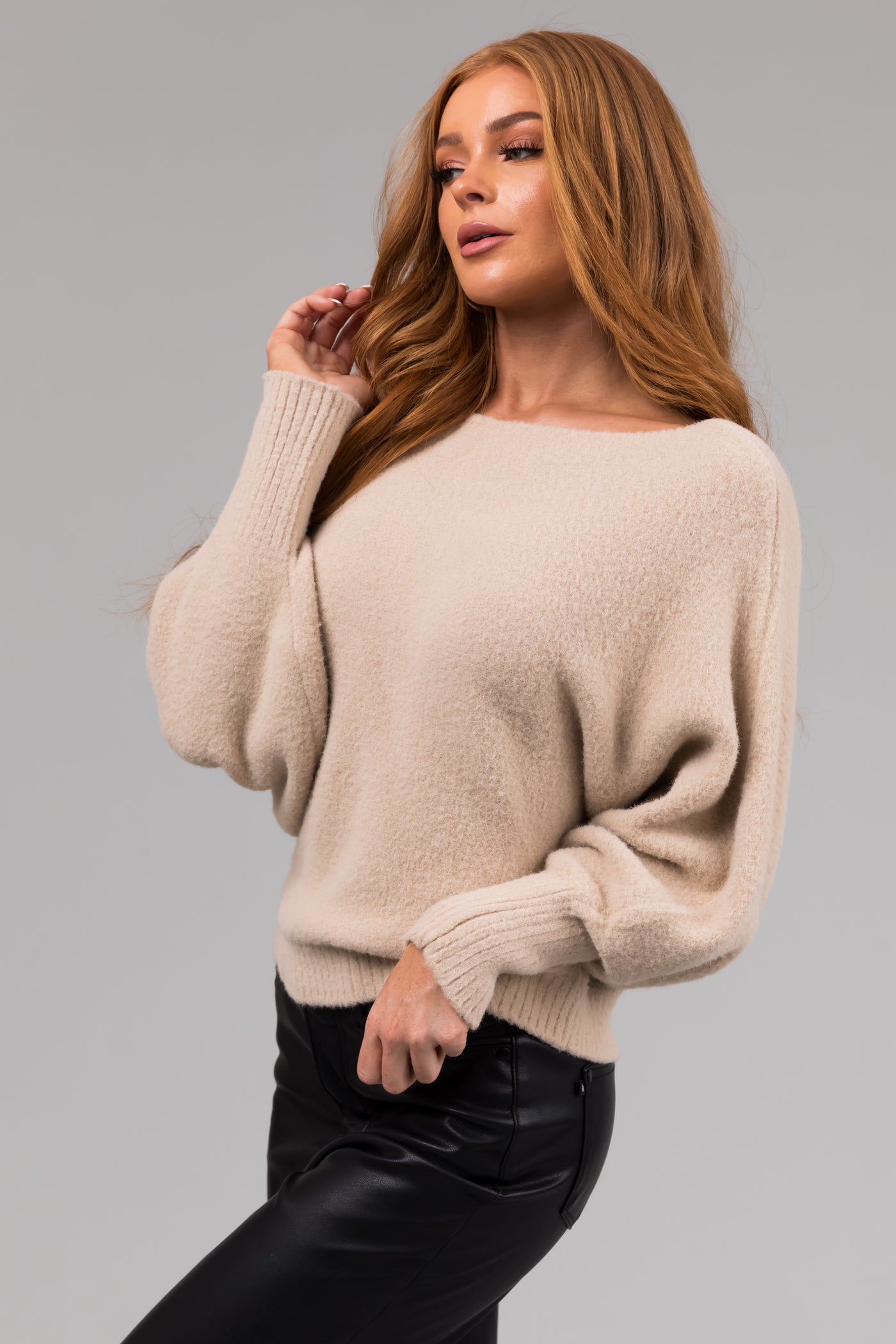 She+Sky Beige Fuzzy Dolman Sleeve Sweater
