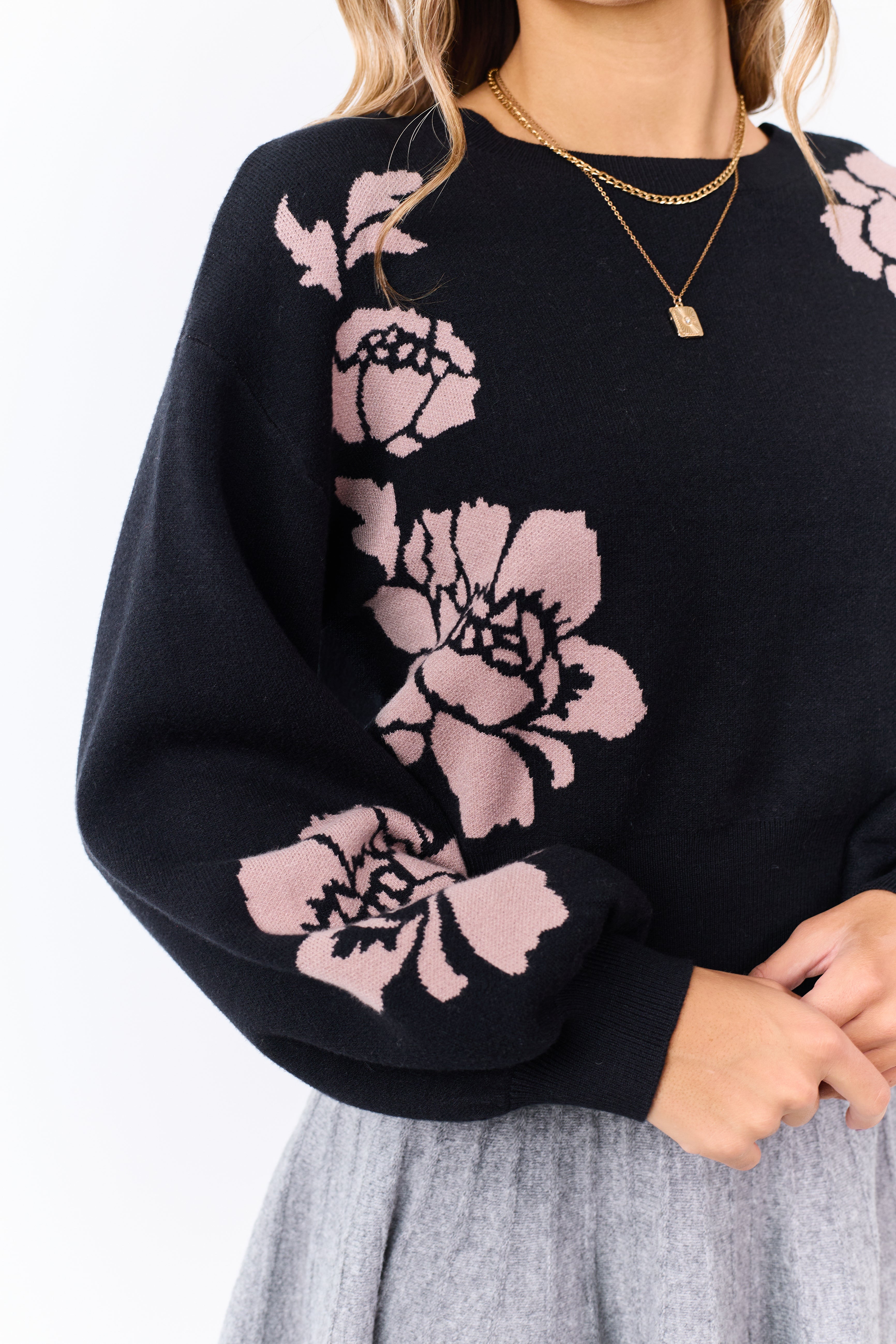 She+Sky Black Floral Print Crew Neck Sweater