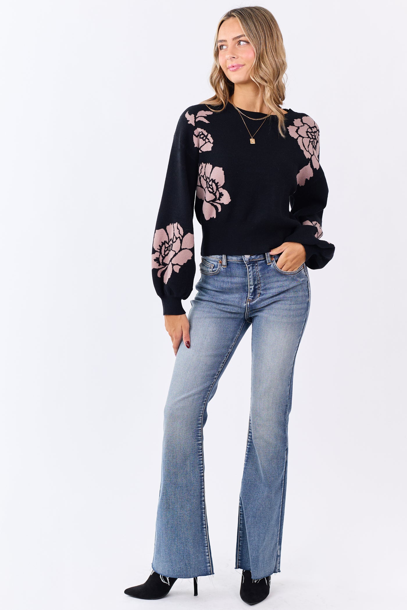 She+Sky Black Floral Print Crew Neck Sweater