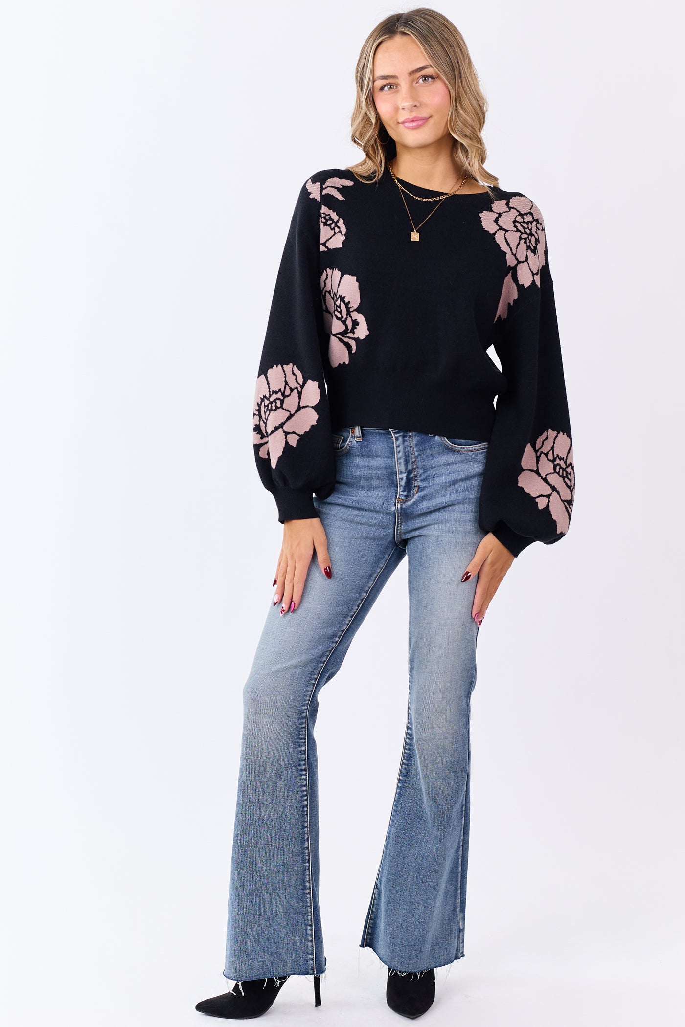 She+Sky Black Floral Print Crew Neck Sweater