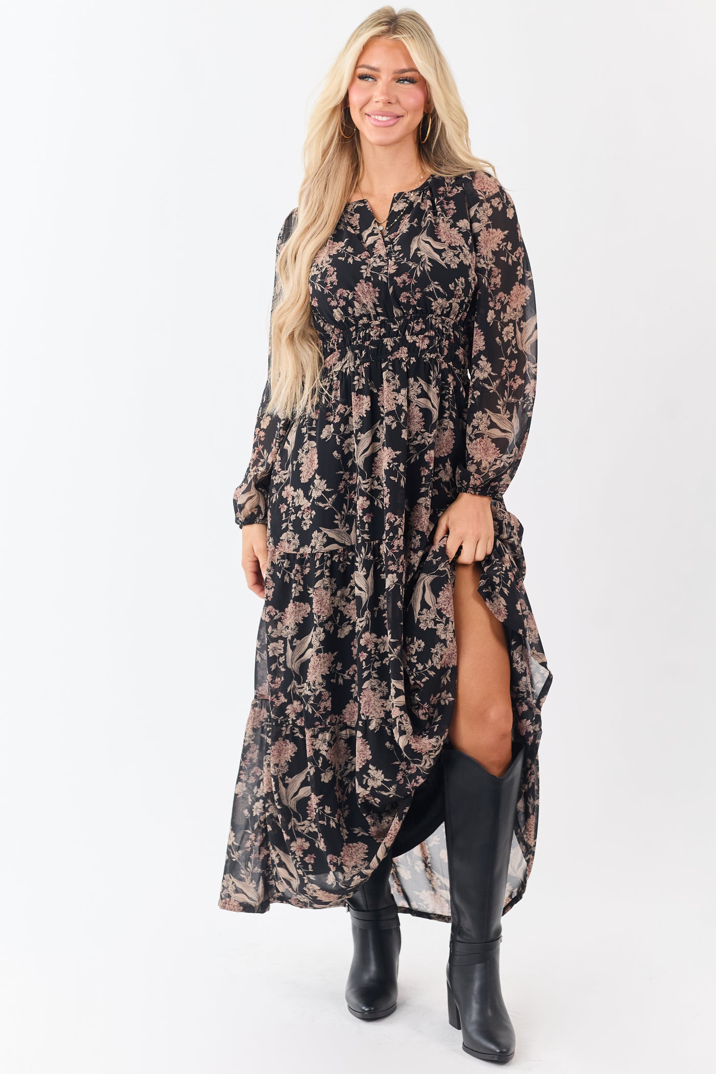She+Sky Black Floral Print V-Neck Maxi Dress