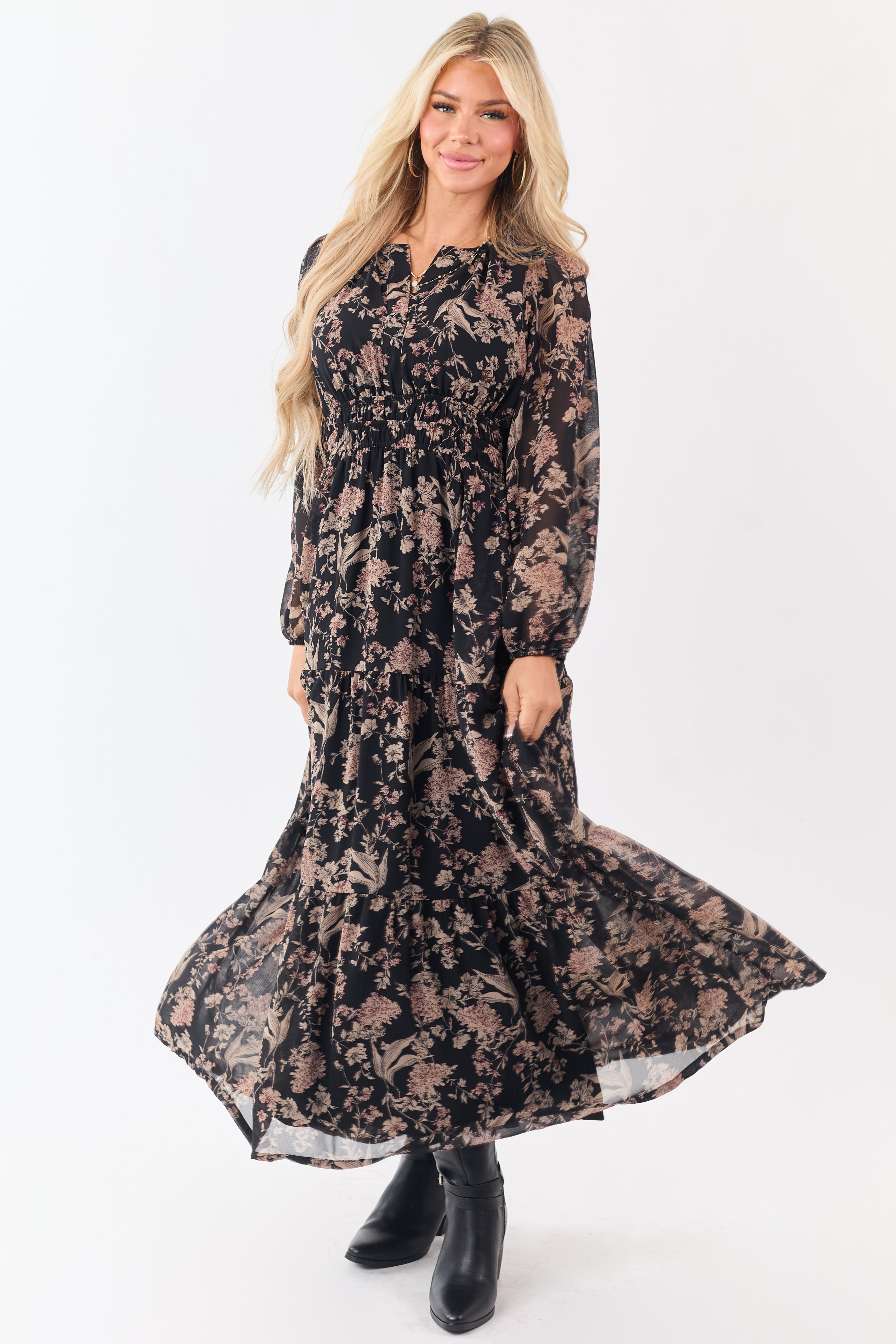She+Sky Black Floral Print V-Neck Maxi Dress