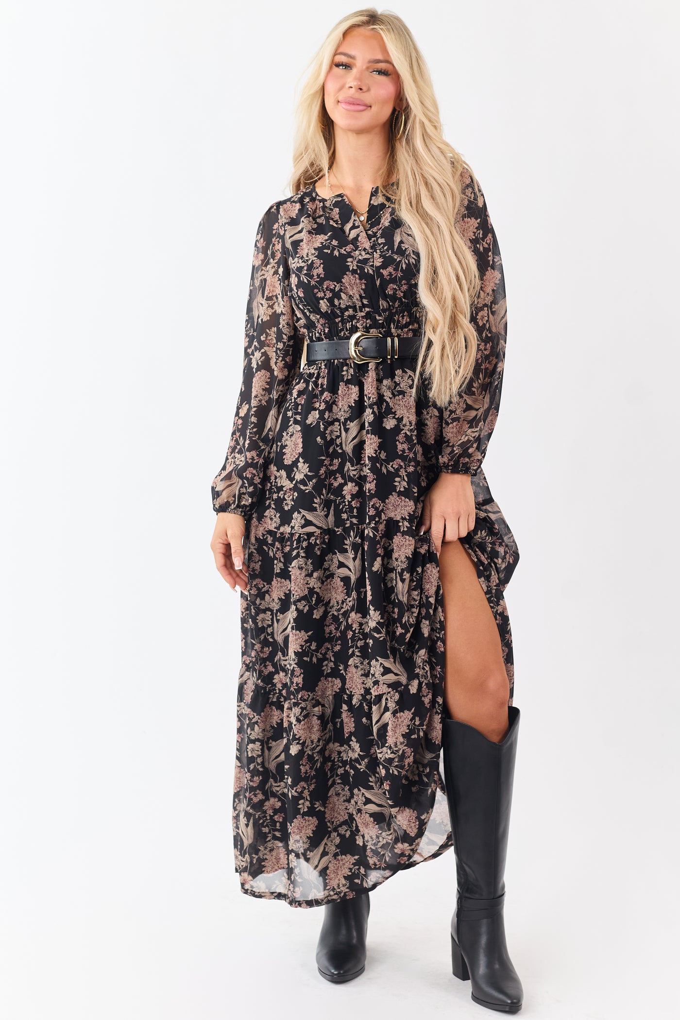 She+Sky Black Floral Print V-Neck Maxi Dress
