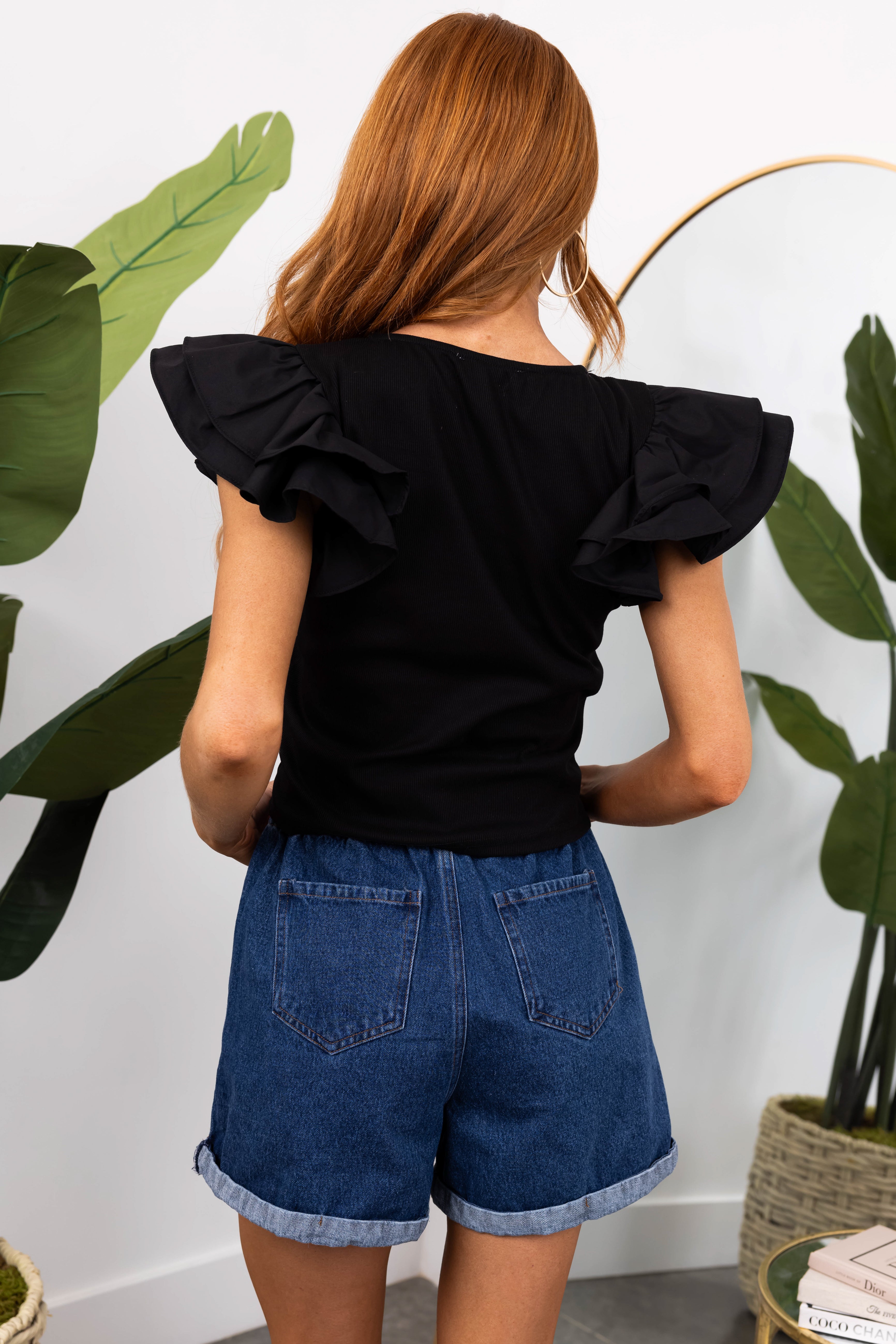 She+Sky Black Ruffle Sleeve Ribbed Knit Top | Lime Lush Boutique