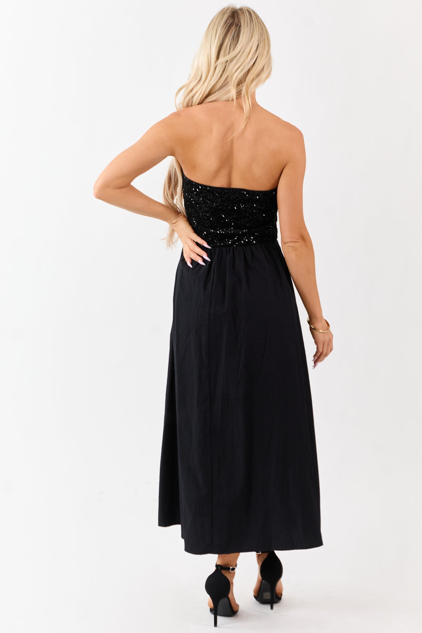 She+Sky Black Sequined Bodice Strapless Maxi Dress