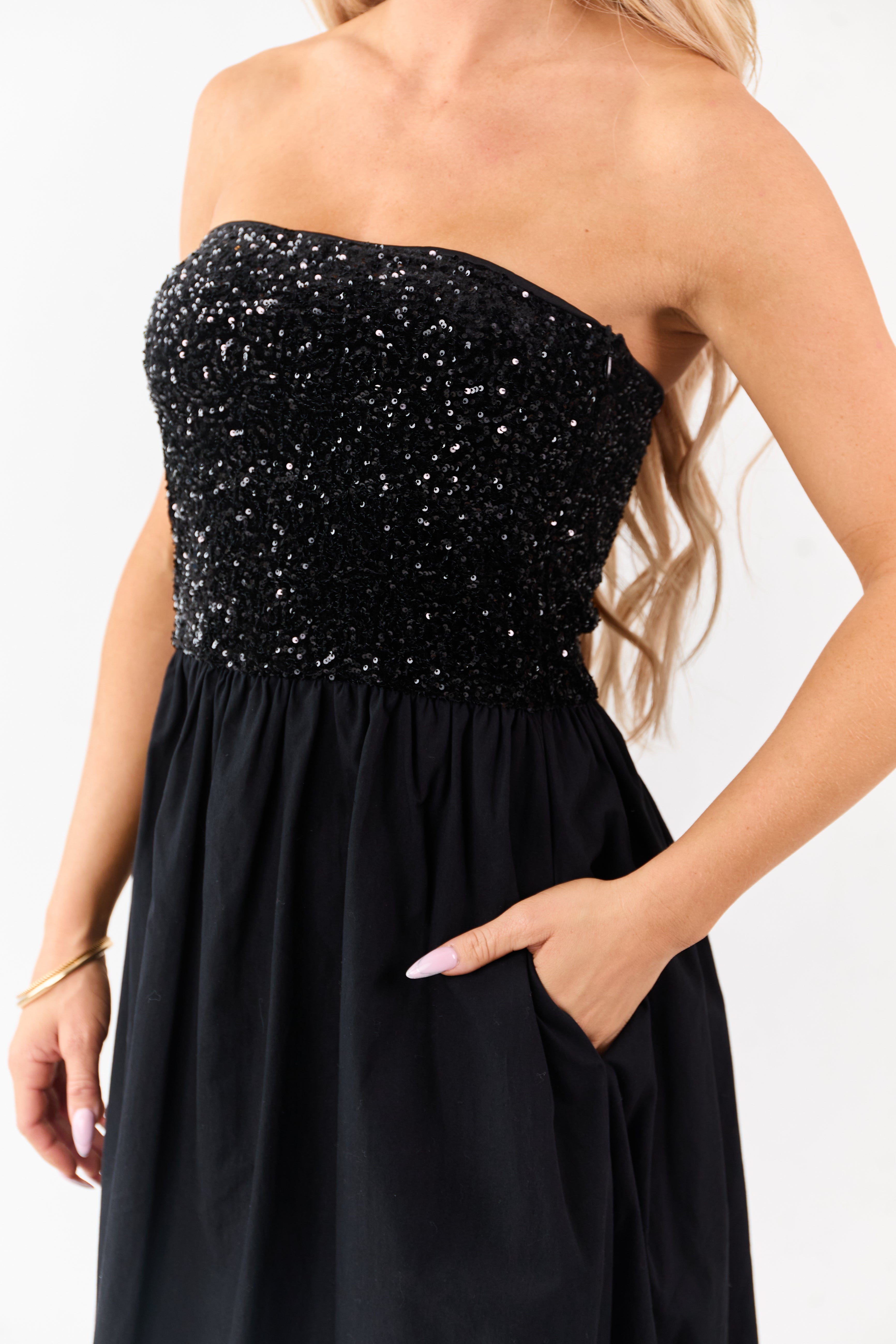 She+Sky Black Sequined Bodice Strapless Maxi Dress