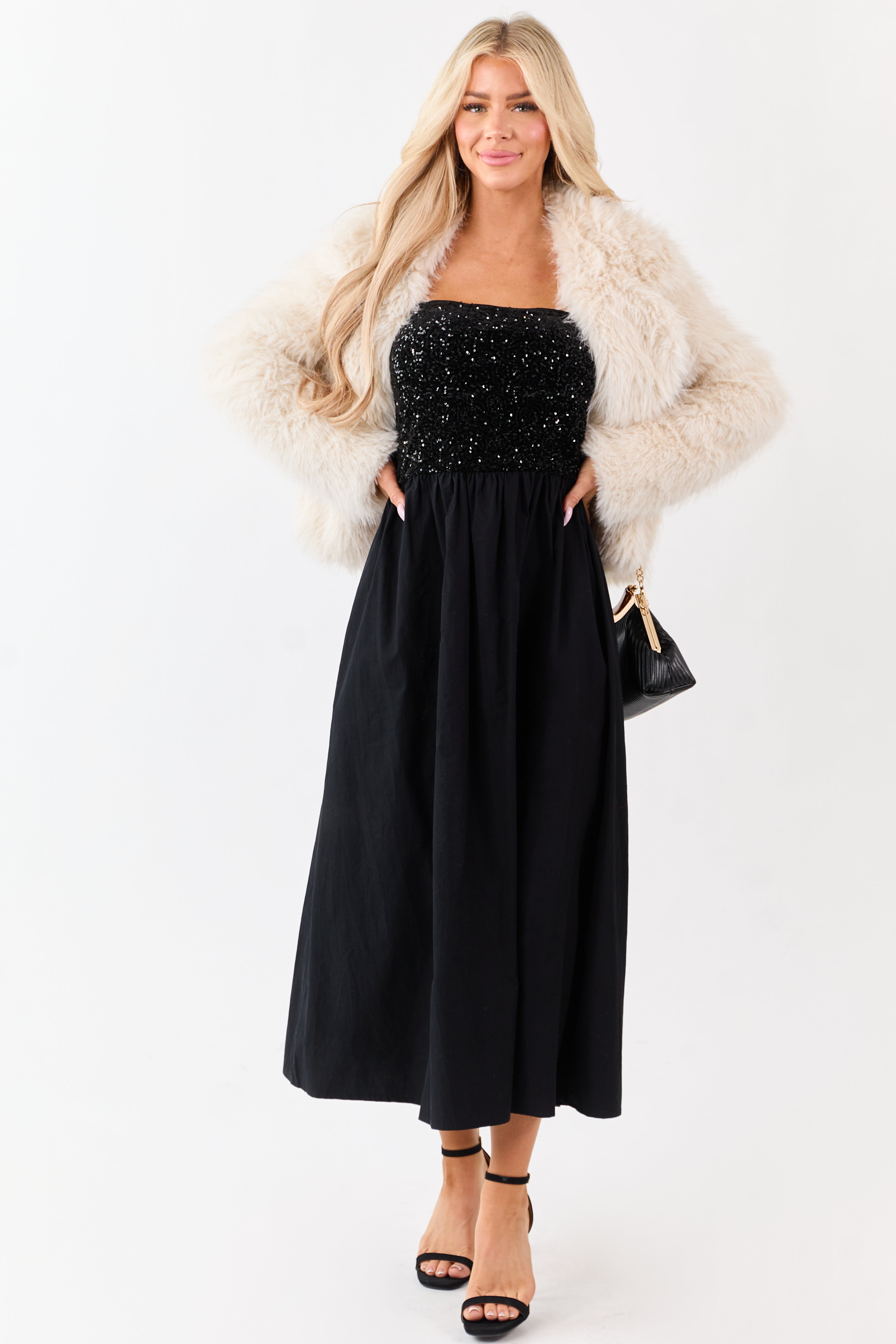 She+Sky Black Sequined Bodice Strapless Maxi Dress