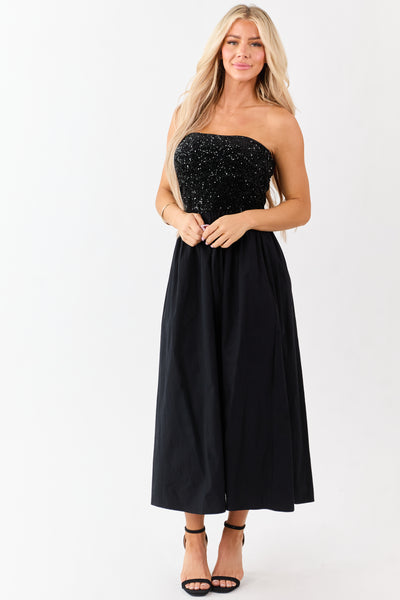 She+Sky Black Sequined Bodice Strapless Maxi Dress