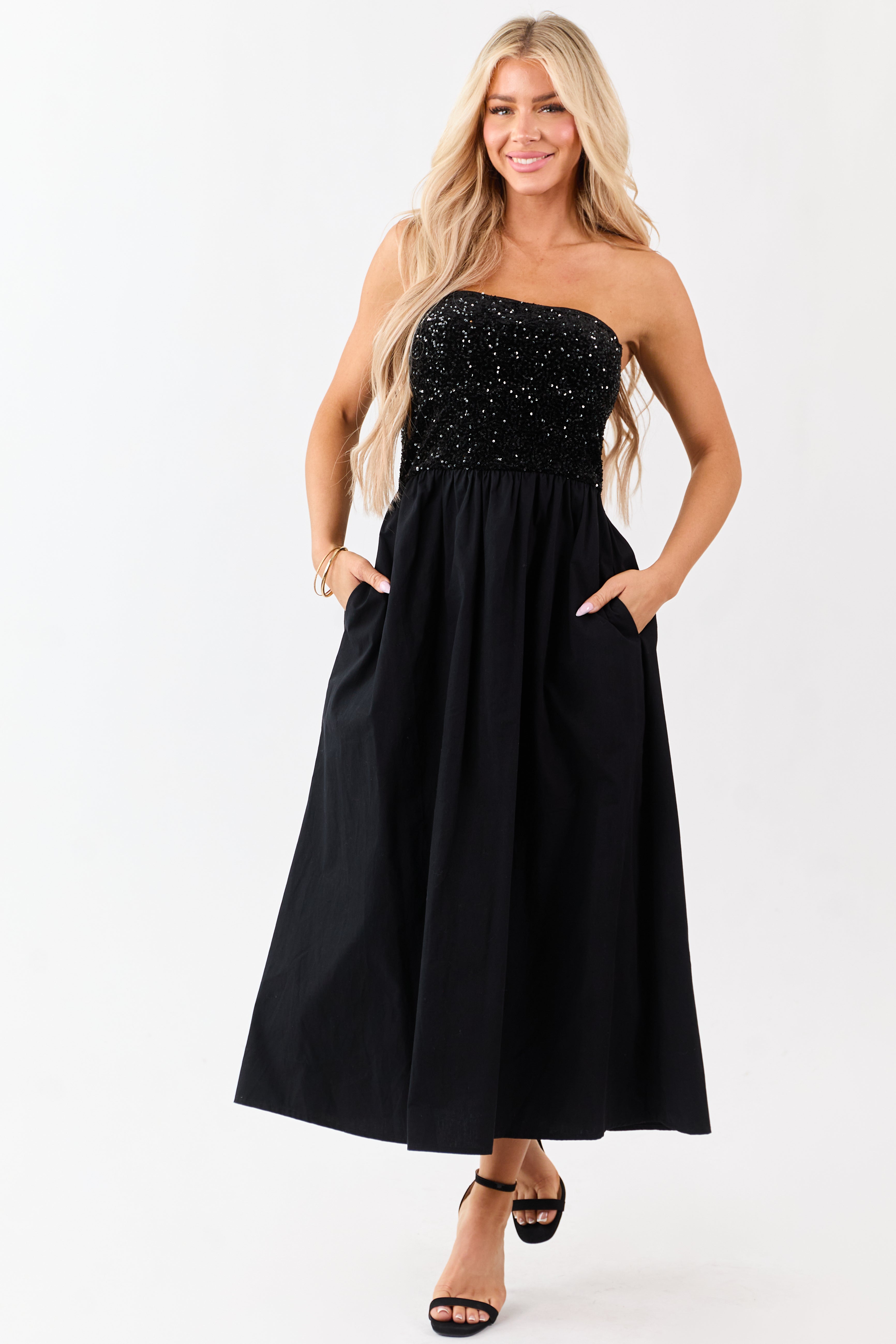 She+Sky Black Sequined Bodice Strapless Maxi Dress