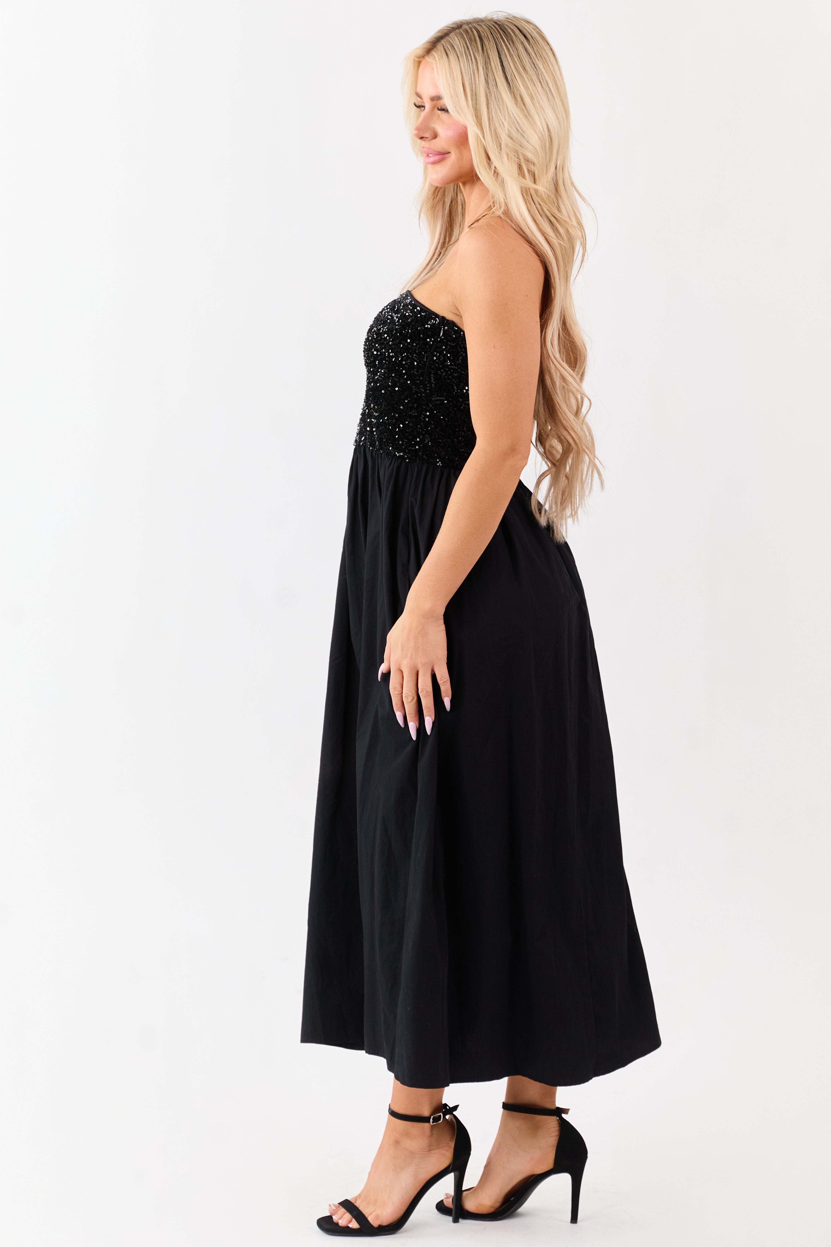 She+Sky Black Sequined Bodice Strapless Maxi Dress