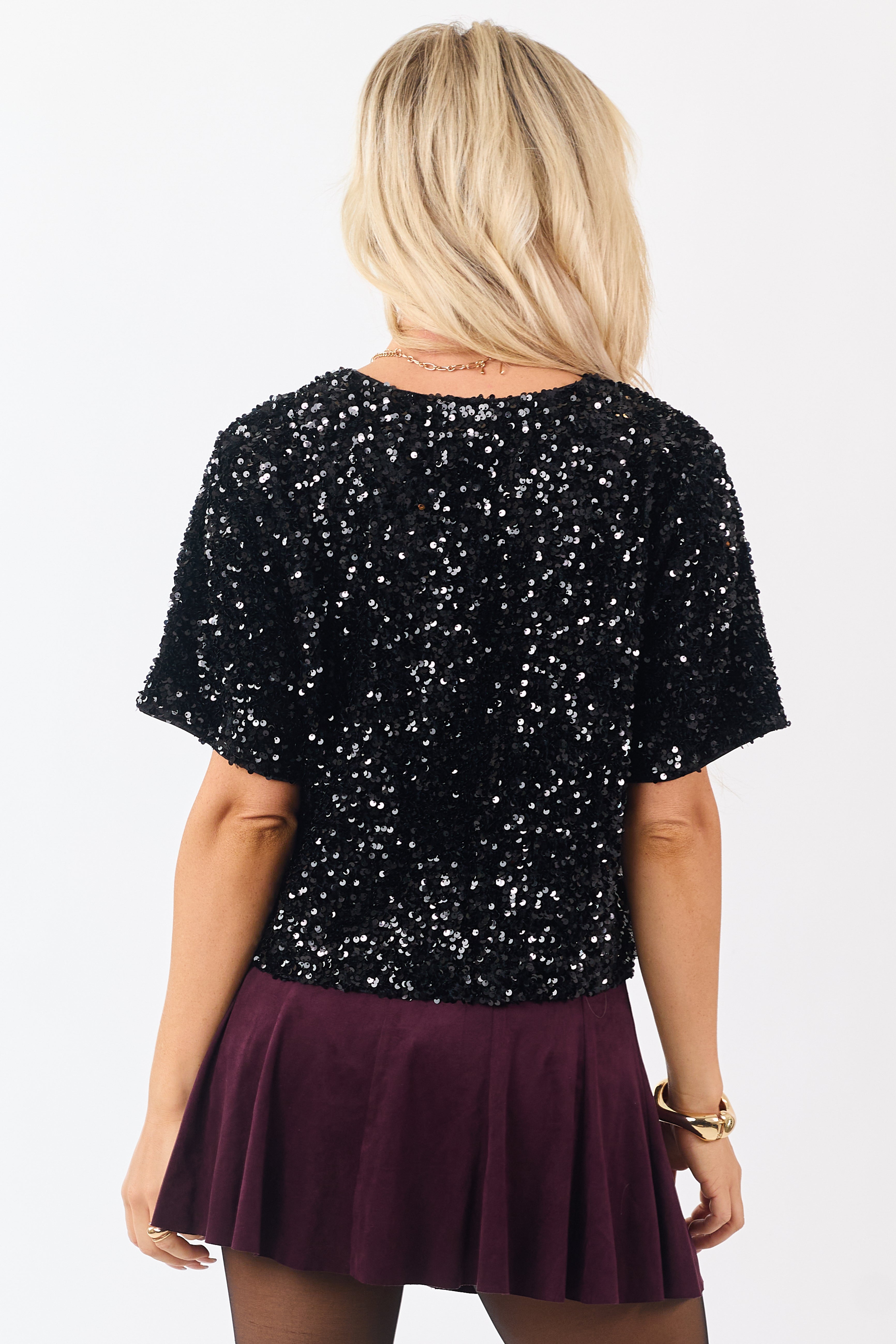 She+Sky Black Sequined Short Sleeve Top