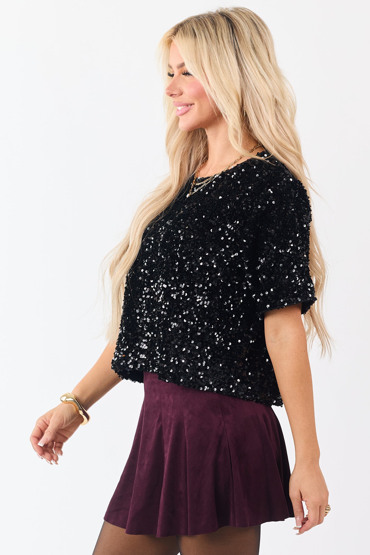 She+Sky Black Sequined Short Sleeve Top