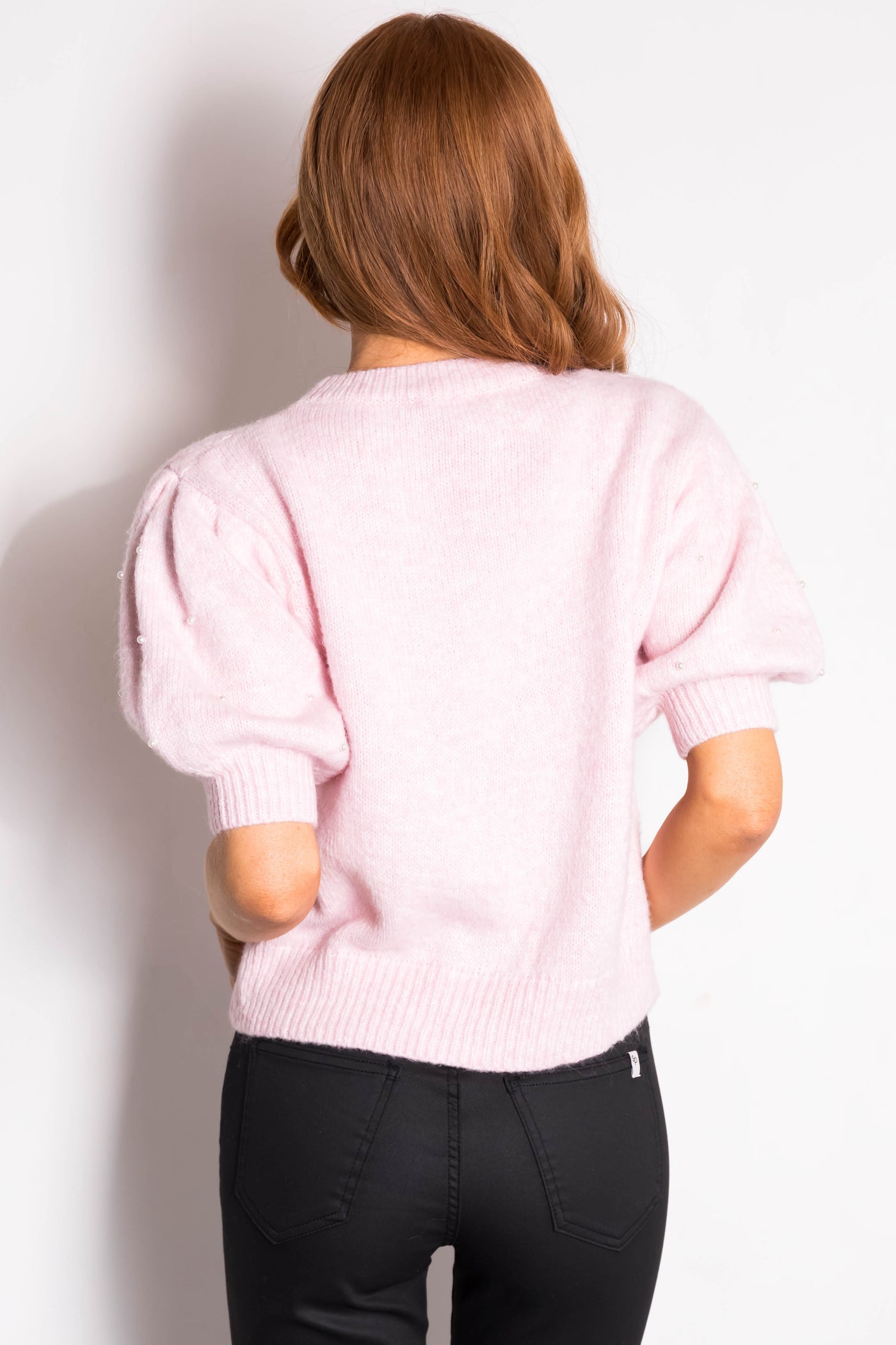 She+Sky Blush Cable Knit Pearl Studded Short Sleeve Sweater