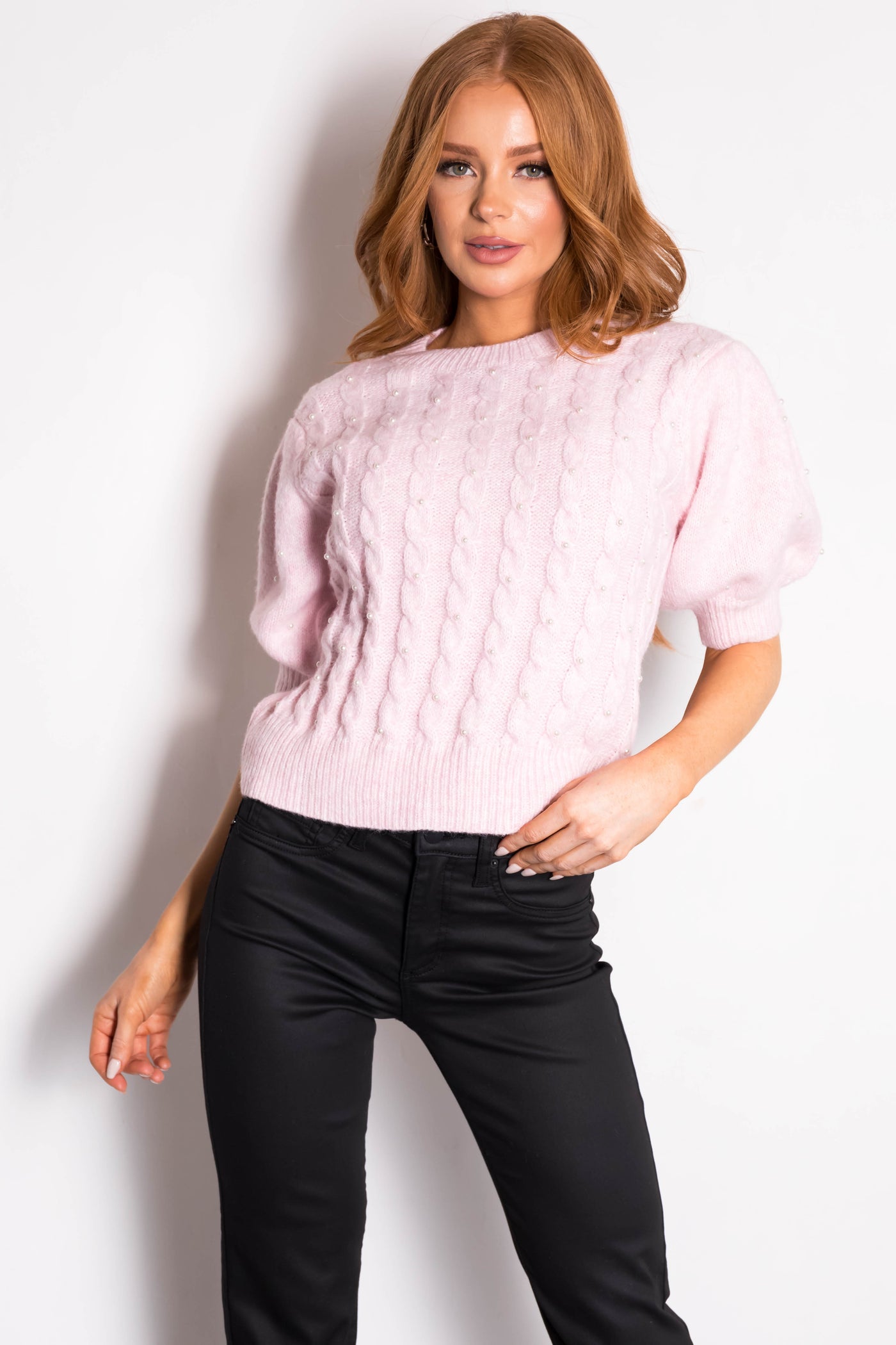 She+Sky Blush Cable Knit Pearl Studded Short Sleeve Sweater
