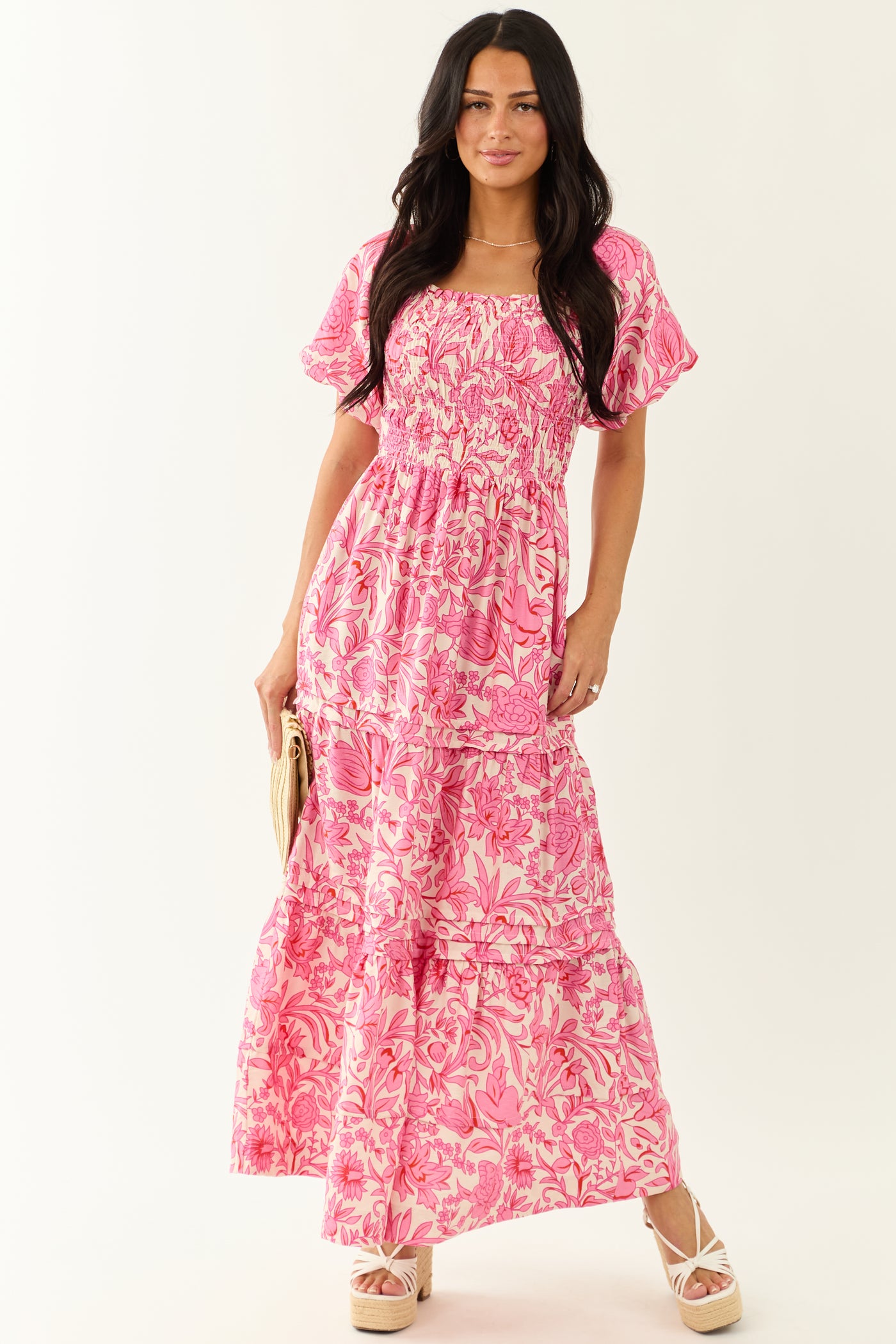 She+Sky Bubblegum Tiered Floral Maxi Dress