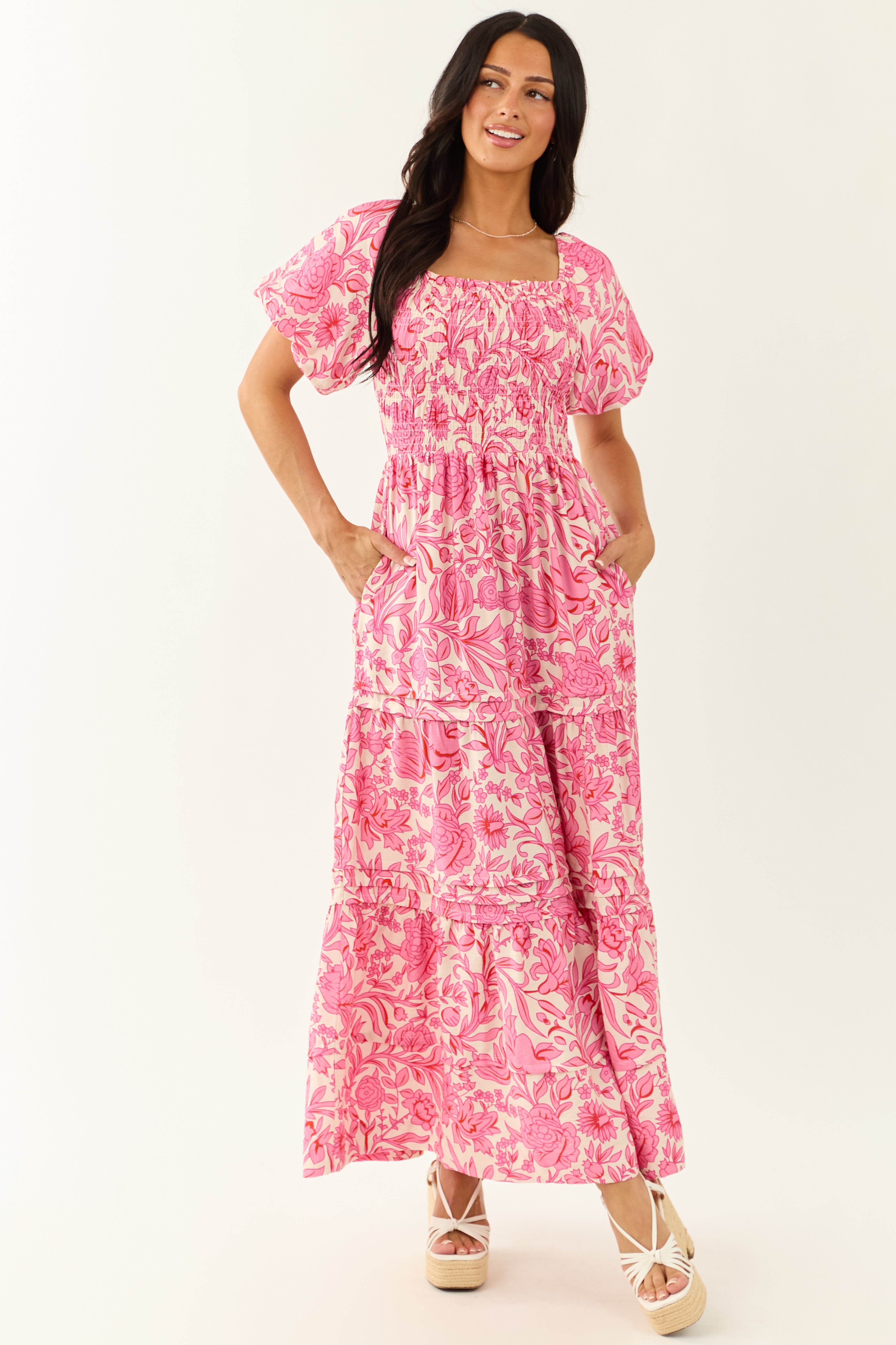 She+Sky Bubblegum Tiered Floral Maxi Dress