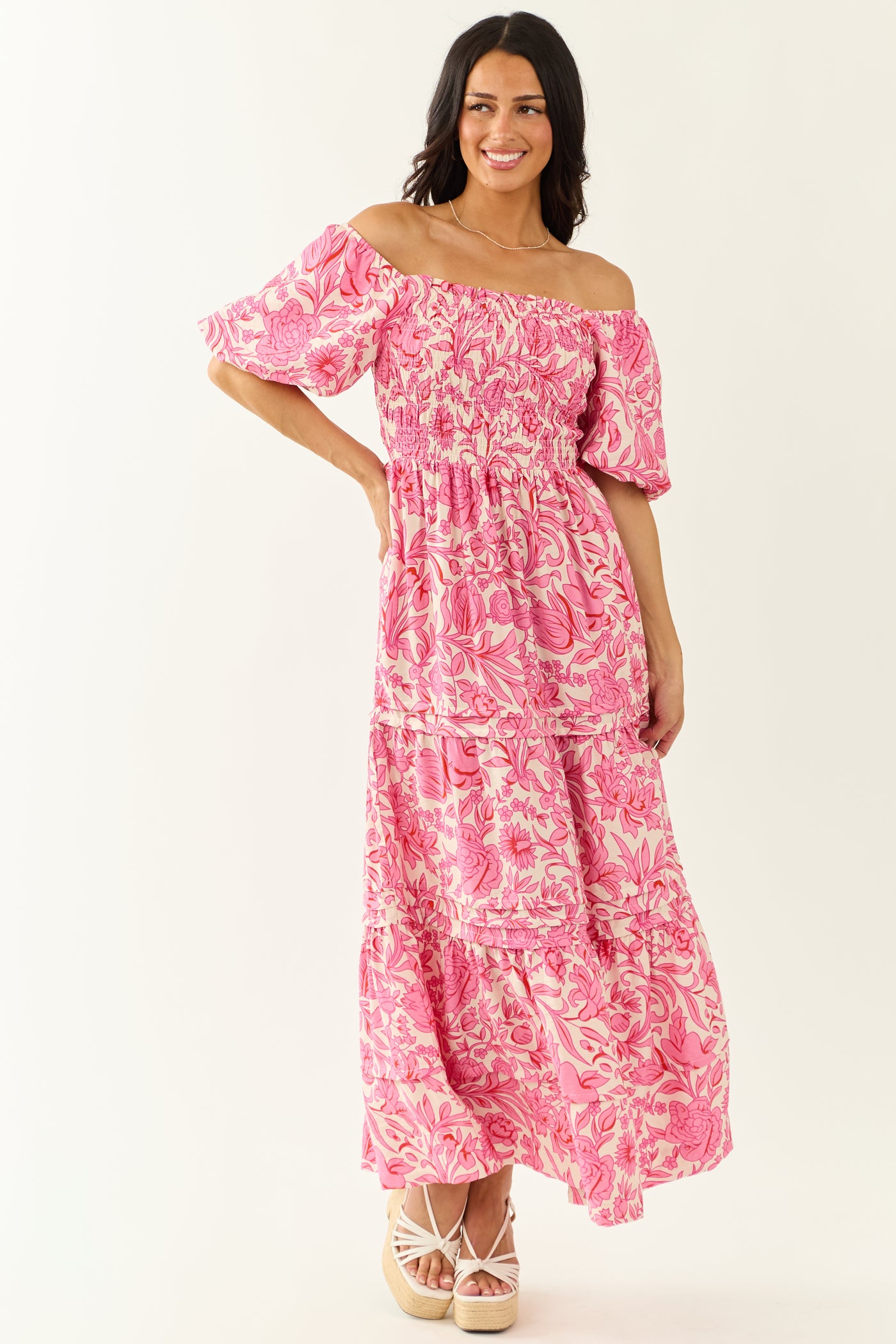 She+Sky Bubblegum Tiered Floral Maxi Dress