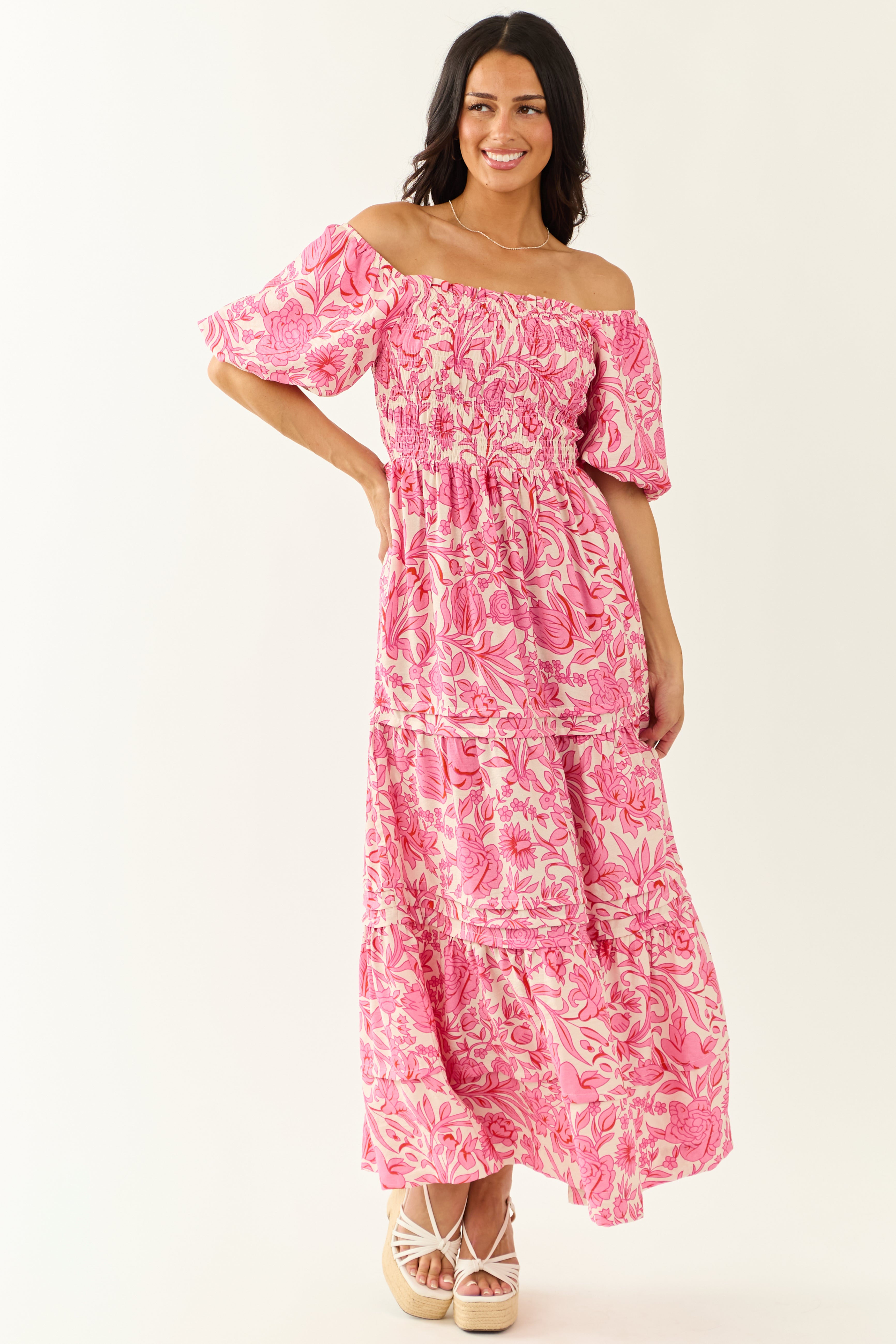 She+Sky Bubblegum Tiered Floral Maxi Dress