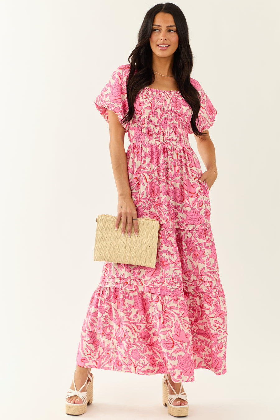She+Sky Bubblegum Tiered Floral Maxi Dress