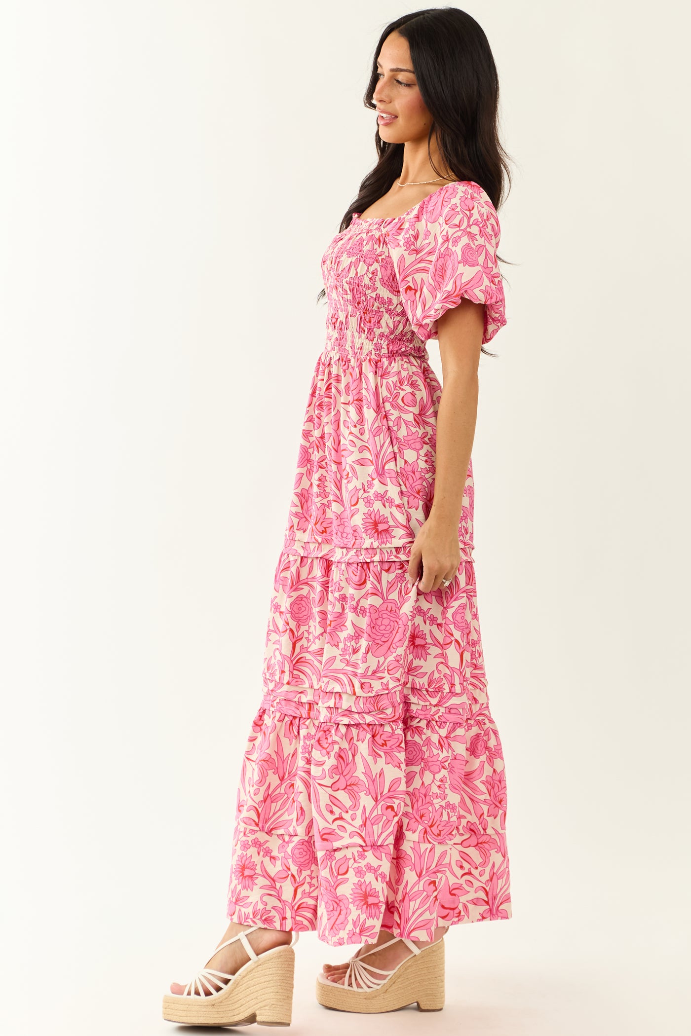 She+Sky Bubblegum Tiered Floral Maxi Dress