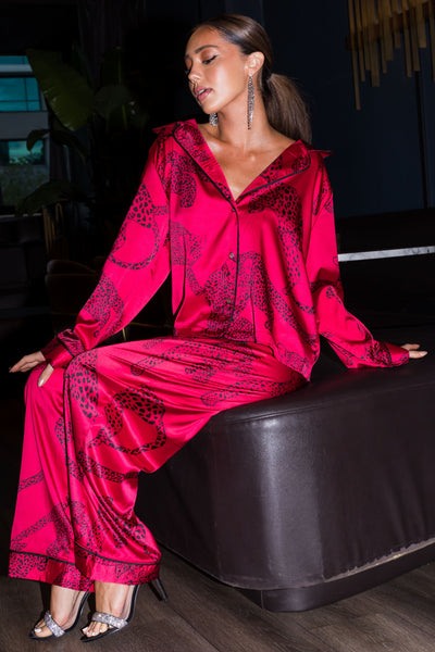 She+Sky Burgundy Cheetah Satin Two Piece Set