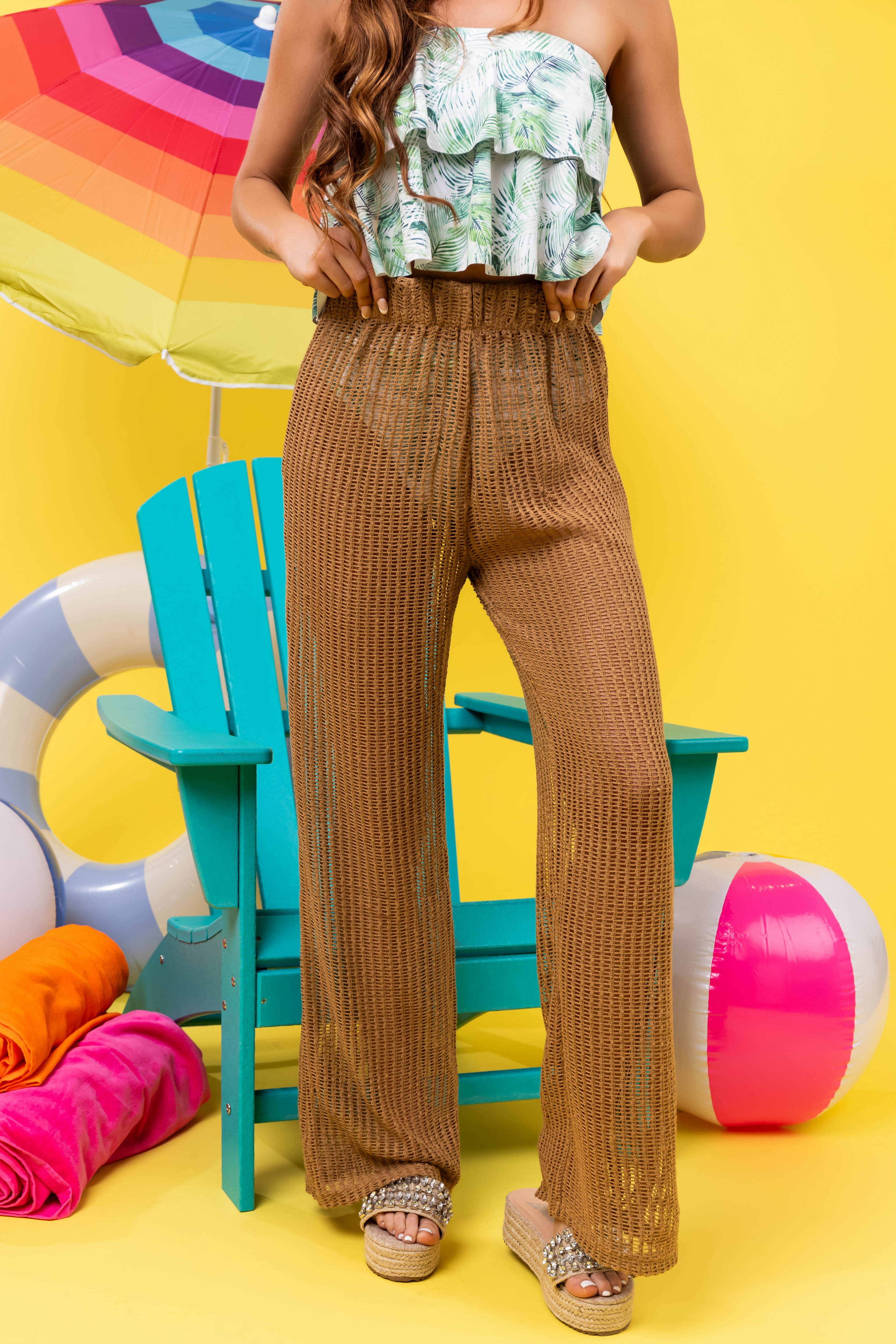 She+Sky Camel Sheer Crochet Net Loose Pants | Lime Lush Boutique