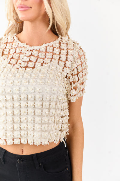 She+Sky Champagne Lurex Crochet Pearl Two Piece Top