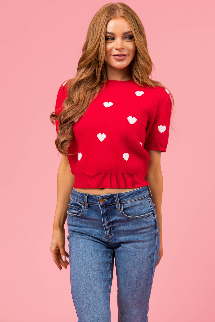 She+Sky Cherry Heart Short Sleeve Sweater