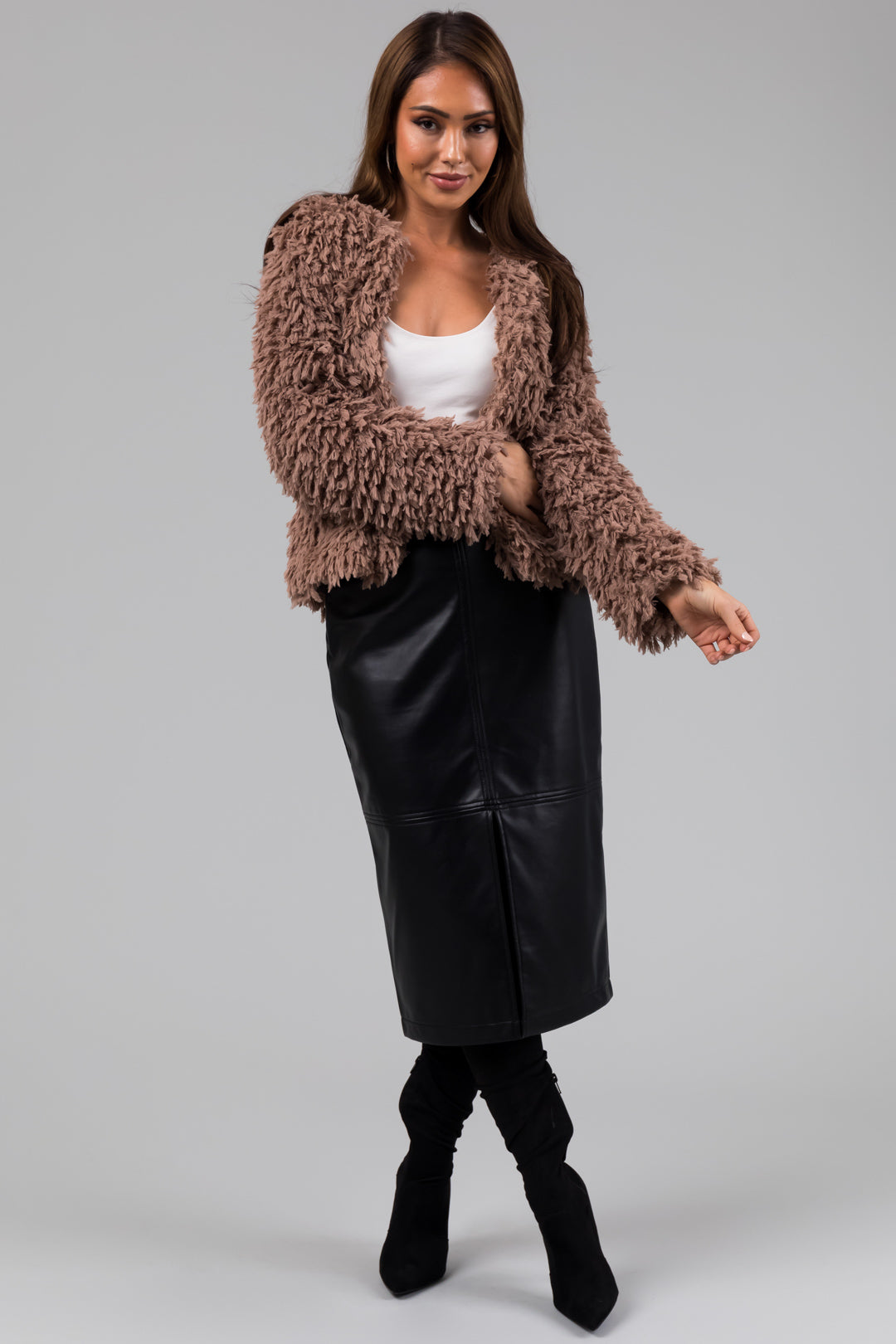 She+Sky Coffee Faux Fur Long Sleeve Jacket