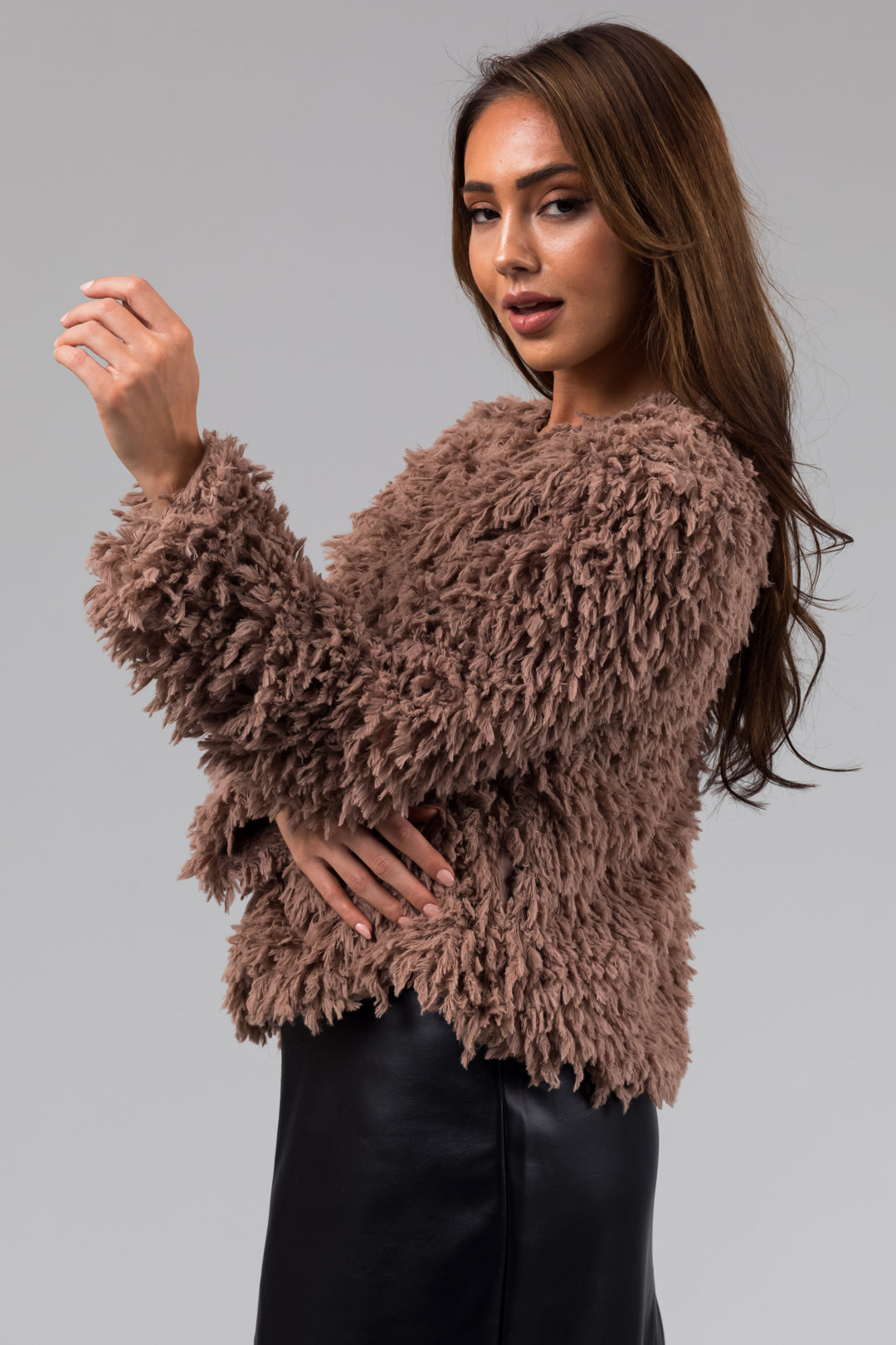 She+Sky Coffee Faux Fur Long Sleeve Jacket