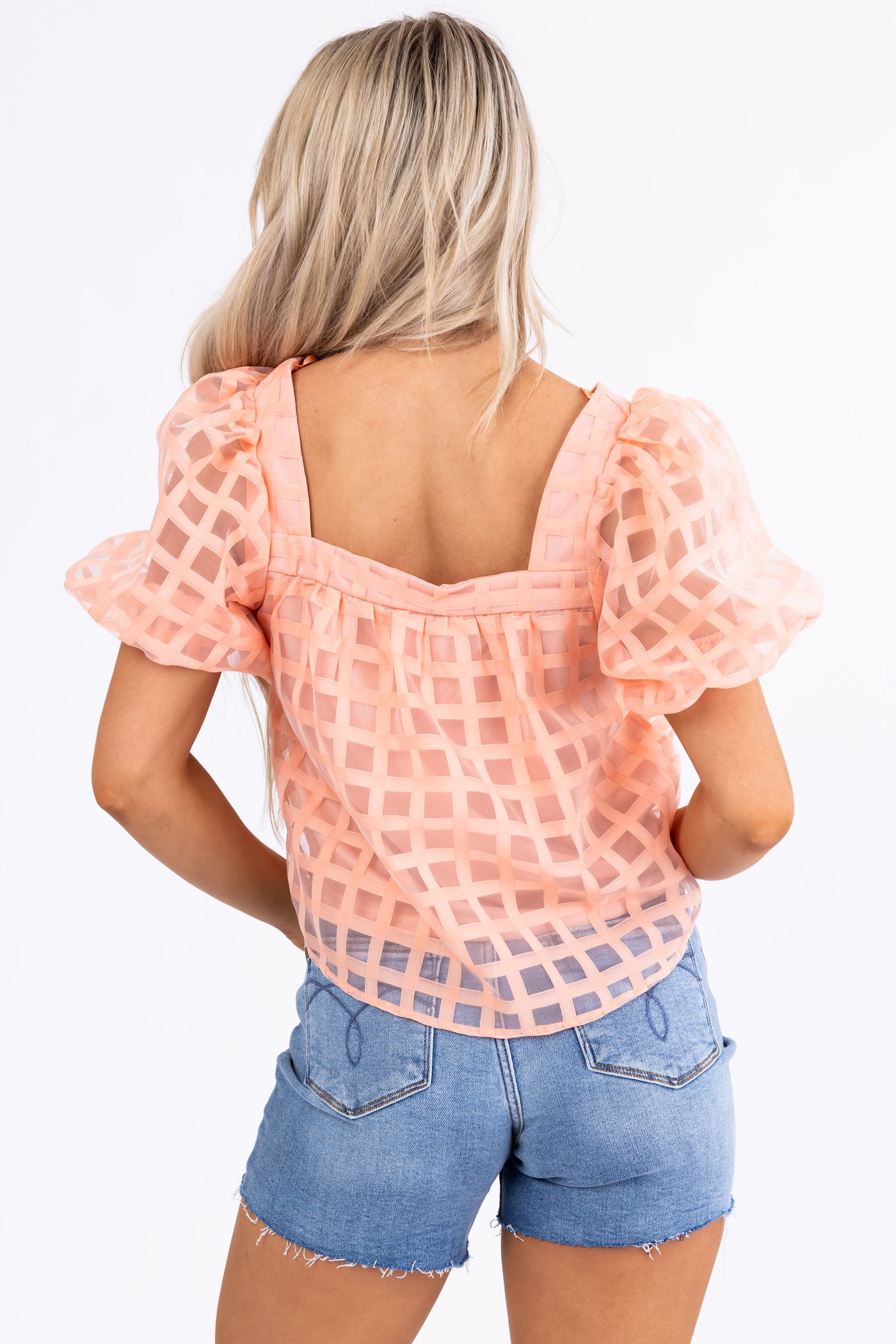 She+Sky Coral Puff Sleeve Square Neck Top